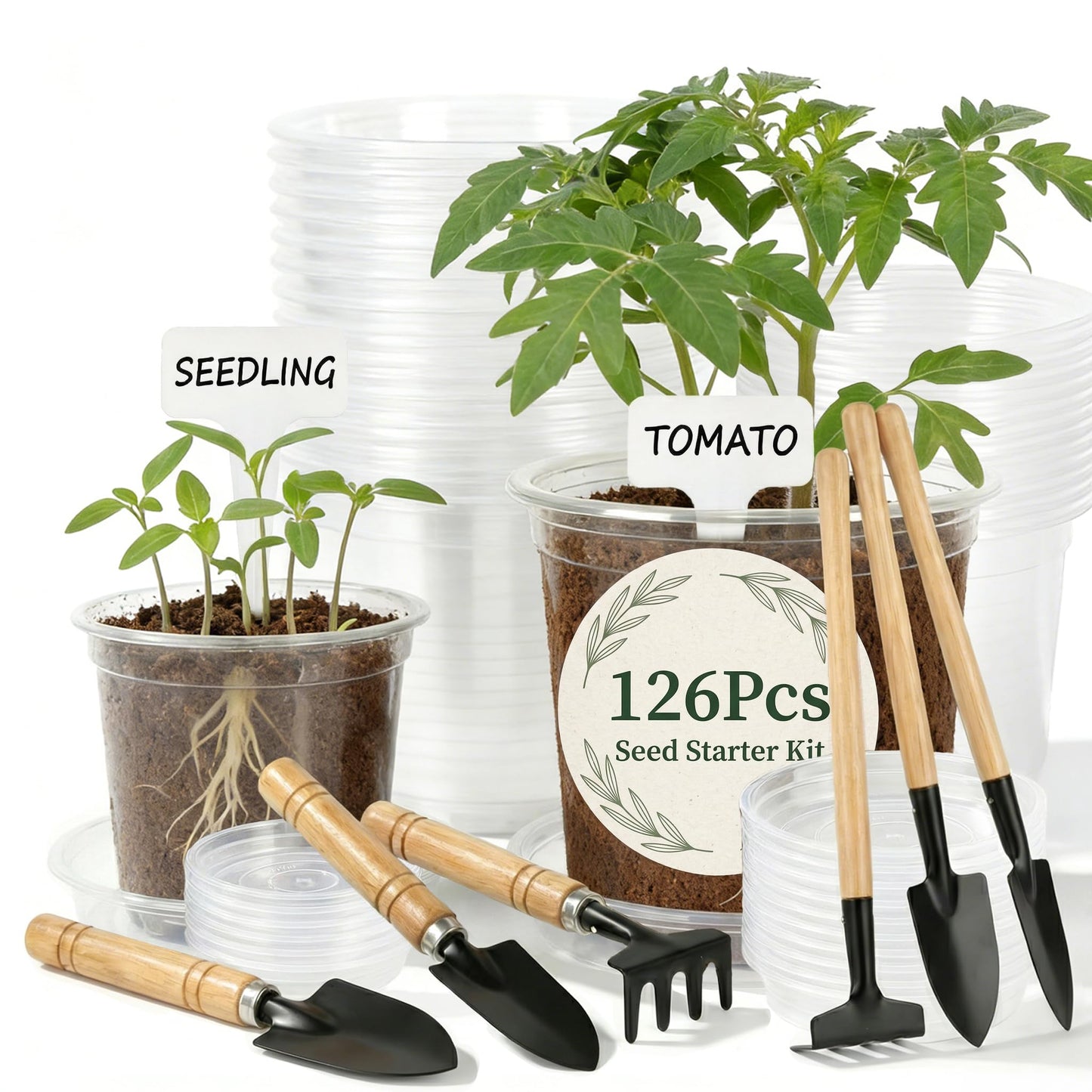 ENNUFO Clear Nursery Pots with Drainage, 126 Pcs Set, 4/5 Inch Plastic Pots for Indoor Plants, Seed Starter Kit with Plant Saucers, Clear Plant Pots with Drainage Holes, Pot Liners, Labels & Tools