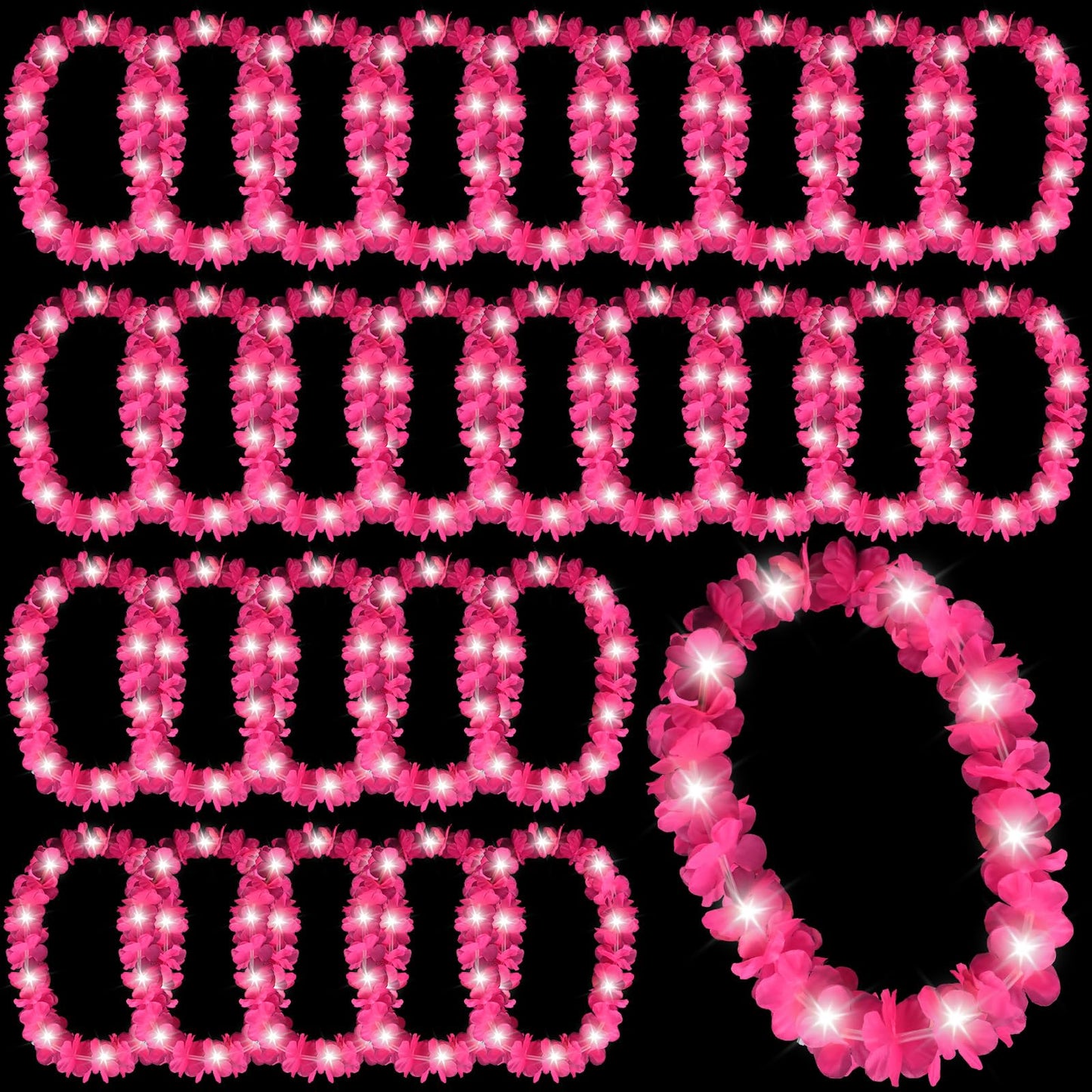 Sherr 24 Pcs LED Hot Pink Leis Light up Wedding Hawaiian Leis Flower Necklace with LED Lights Beach Tropical Carnival Party Wedding Supplies Luau for Masquerade