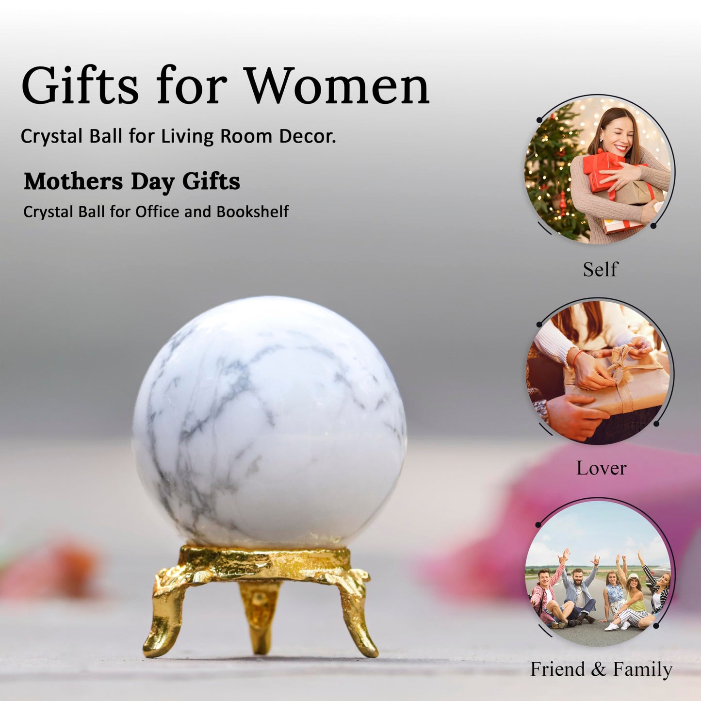 Crocon 45mm Howlite Stone Sphere Ball with Metal Stand 1400+ Carats Gemstone Ball Healing Sphere Sculpture Figurine for Fengshui Divination Home Decoration Photography Crystal Sphere