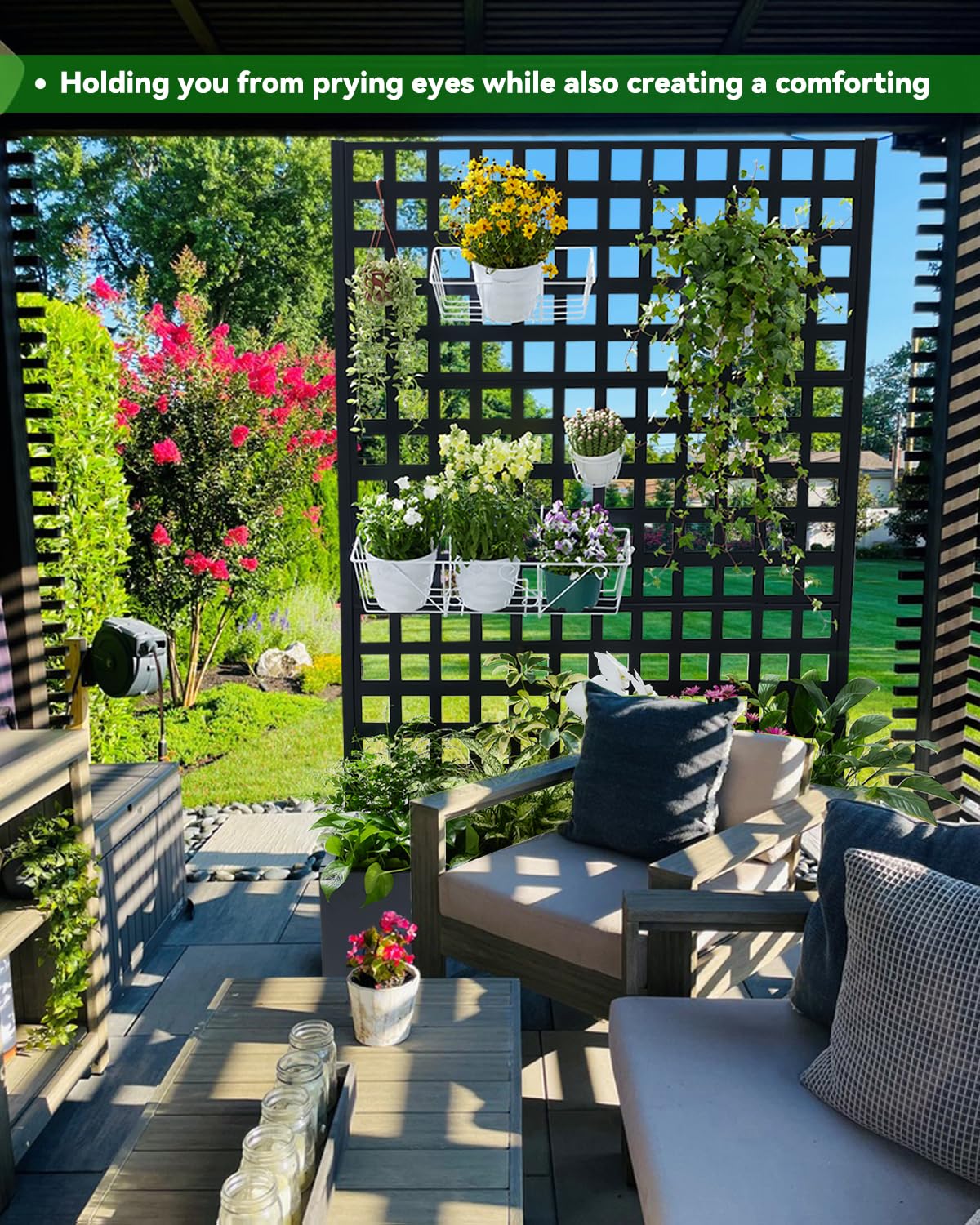 Metal Planter Box with Trellis, 71"x47"x16" Raised Garden Bed Outdoor with Privacy Screen & Lattice Trellis & Lockable Casters, Vertical Garden Box with Drainage Hole for Climbing Plants, Vegetable