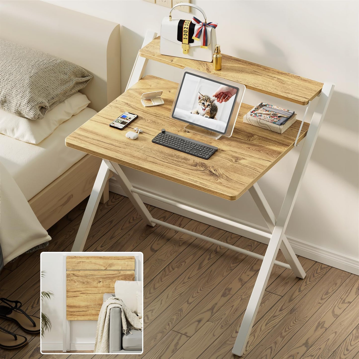 GreenForest Portable Small Desk No Assembly, 2-Tier Compact Computer Desk with Shelf, Space Saving Foldable Table for Home Office, Bedroom or Apartment, Portable Collapsible Sturdy Laptop Desk, Oak