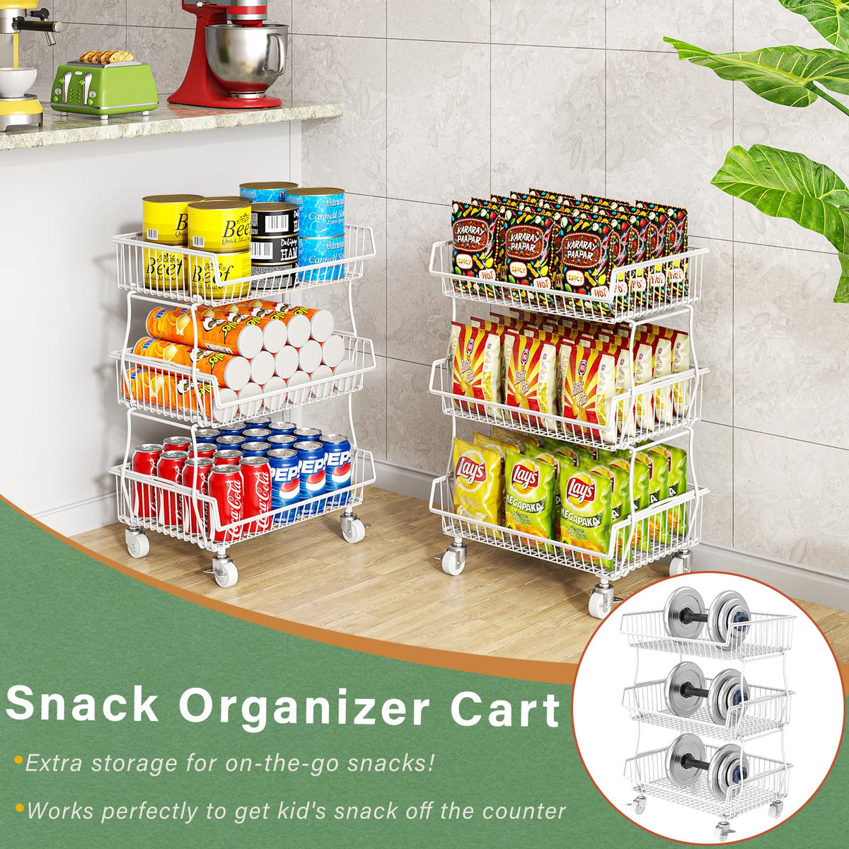Pantry Organizers and Storage Cart with Upgraded Metal Hub Casters