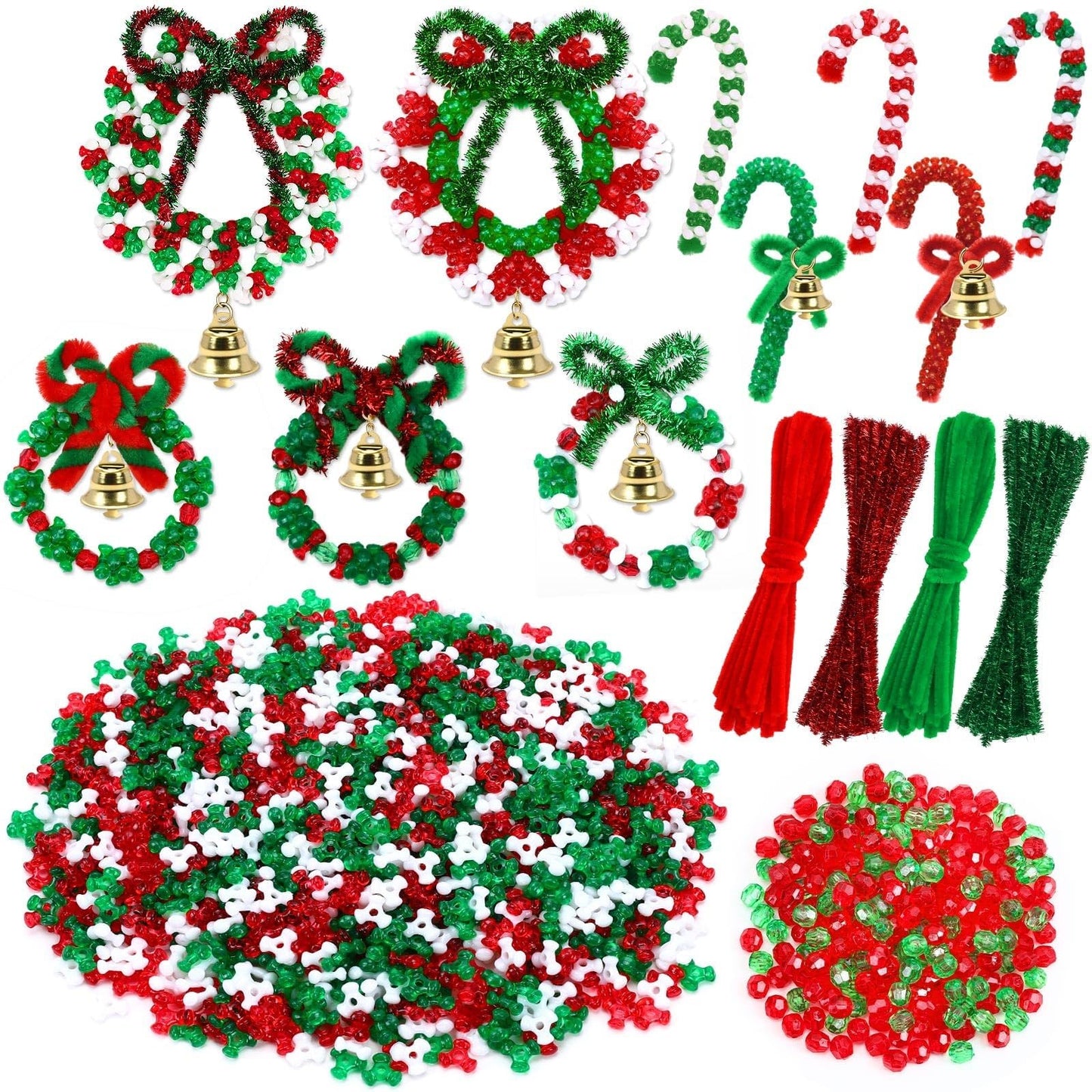 UPINS 2000pcs Christmas Tri Beads,Christmas Beaded Ornament Kit Red Green White Beads Pipe Cleaners Golden Bells for Tree Hanging Wreath Cane Jewelry Making Party Decoration