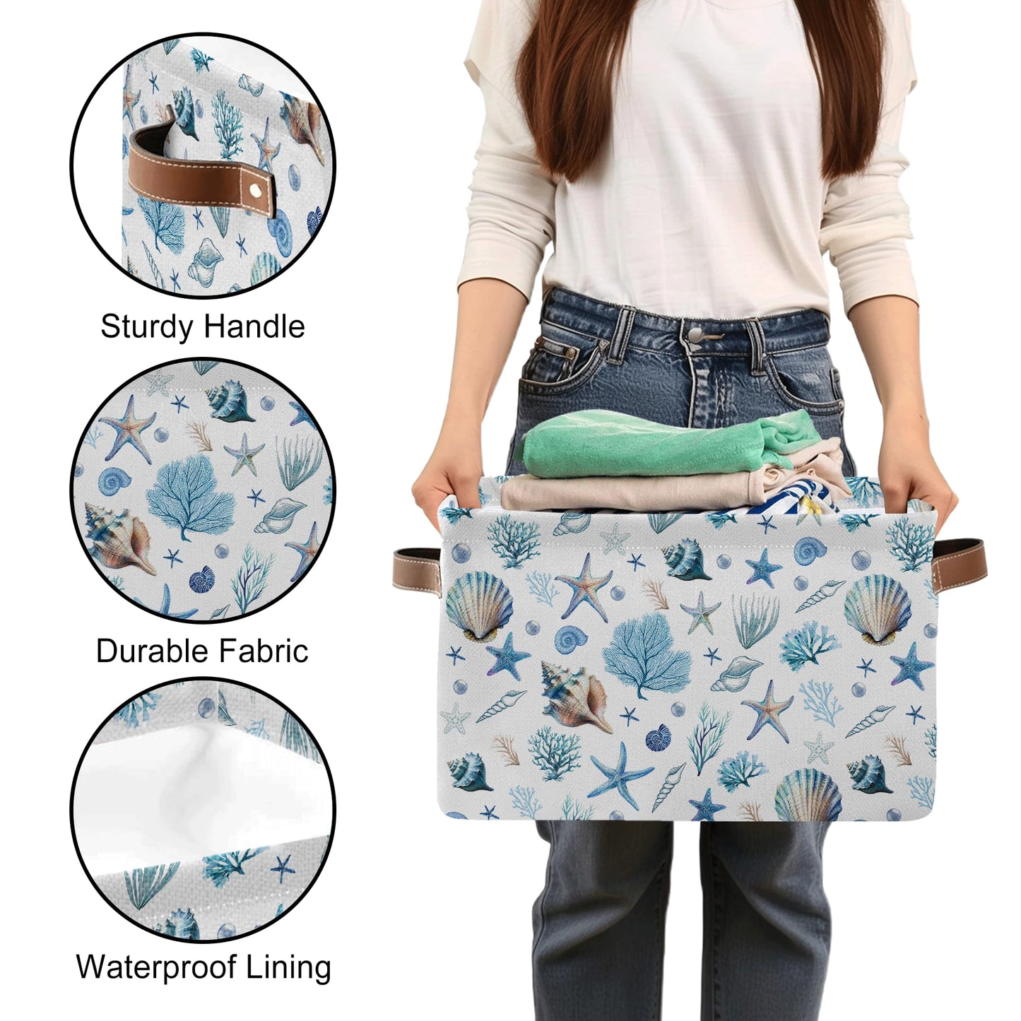 JOPJOLIW Sea Shells Starfish Rectangle Storage Basket - Ocean Themed Collection Collapsible Storage Baskets with Handles - Ocean Conch Pattern Storages Bin for Kids Clothes, Gifts, Books, Toys