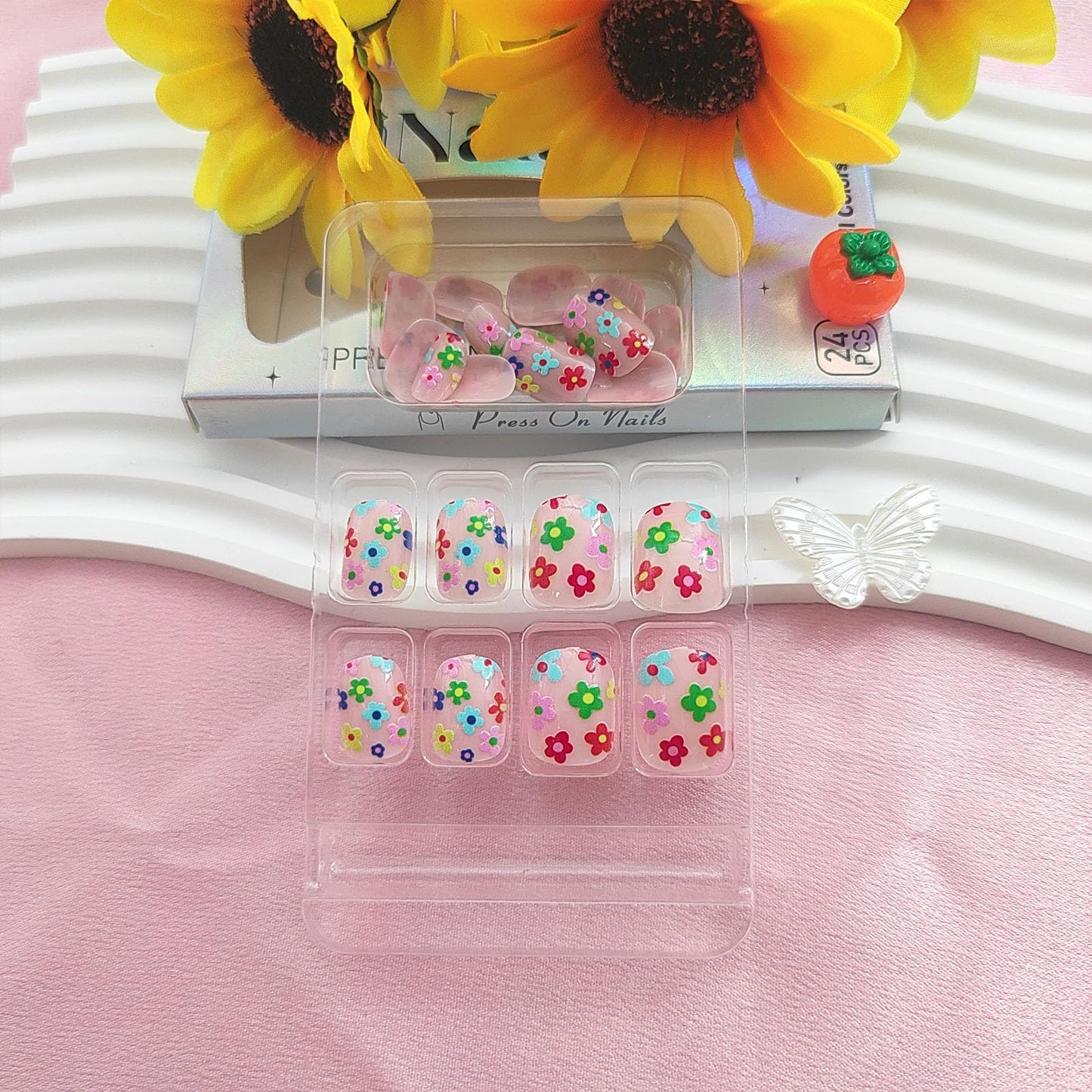 Square Press on Nails Short Fake Nails Spring Nails Press ons Glossy Glue on Nails Cute Acrylic Nails Nude False Nails with Colorful Flower Designs Artificial Stick on Nails for Women 24Pcs