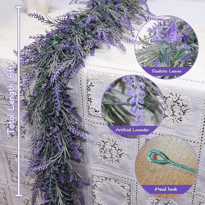 MAKHOT Spring Summer Lavender Purple Garland, 6Ft Lavender Artificial Green Garland, Fake Silver LavenderLeaves Vines for Wedding Mantle Party Arch Porch Stair Table Door Home Decor (Light Purple)