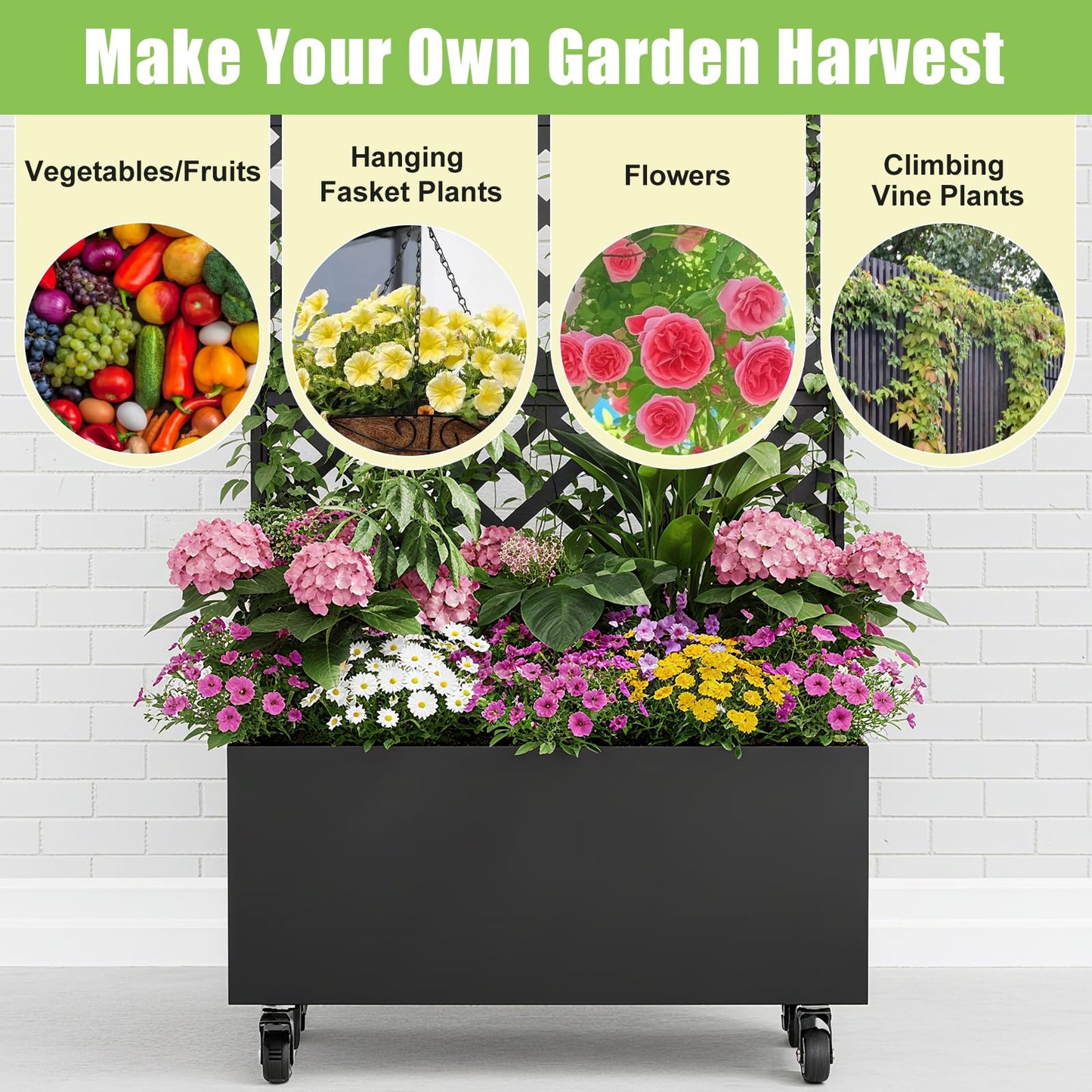Luzfuego Metal Planter Box with Trellis, 72" Tall Outdoor Raised Garden Bed on Wheels, Flower Planter for Climbing Plants with Drainage Holes & Lockable Casters