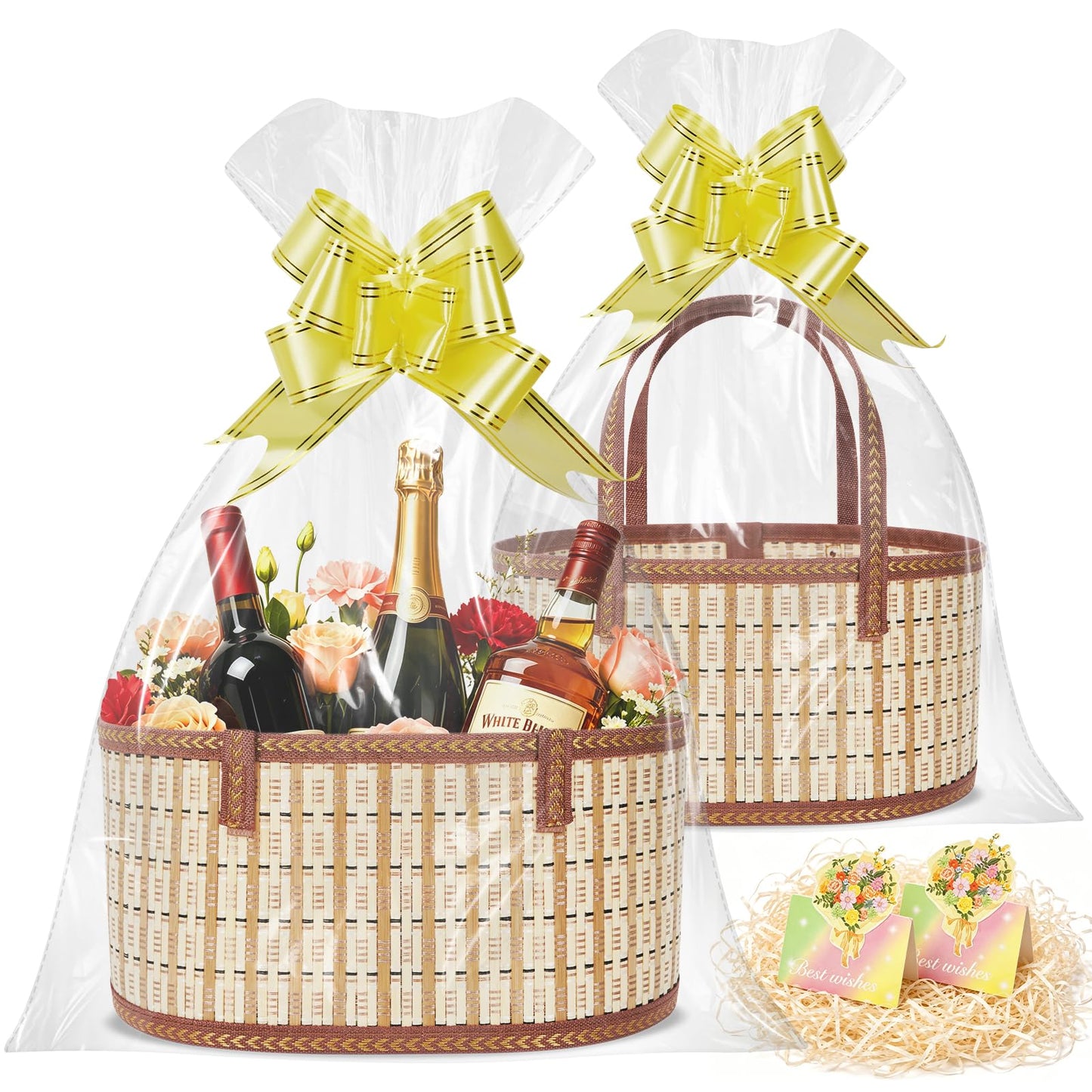 2 Set Baskets for Gifts Empty, Woven Bamboo Gift Basket Kit with Handles, Foldable Empty Gift Baskets to Fill with Wrap Bags, Pull Bows, Cards & Raffia for Baby Baptisms, Father's Day, Housewarming