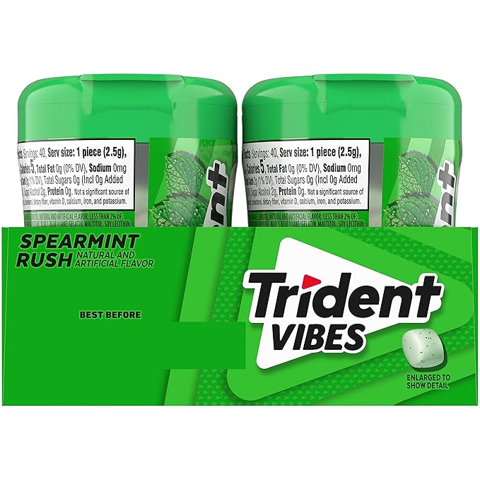 Trident Vibes Spearmint Rush Sugar-Free Chewing Gum, 4 Bottles of 40 Pieces (160 Total Pieces)