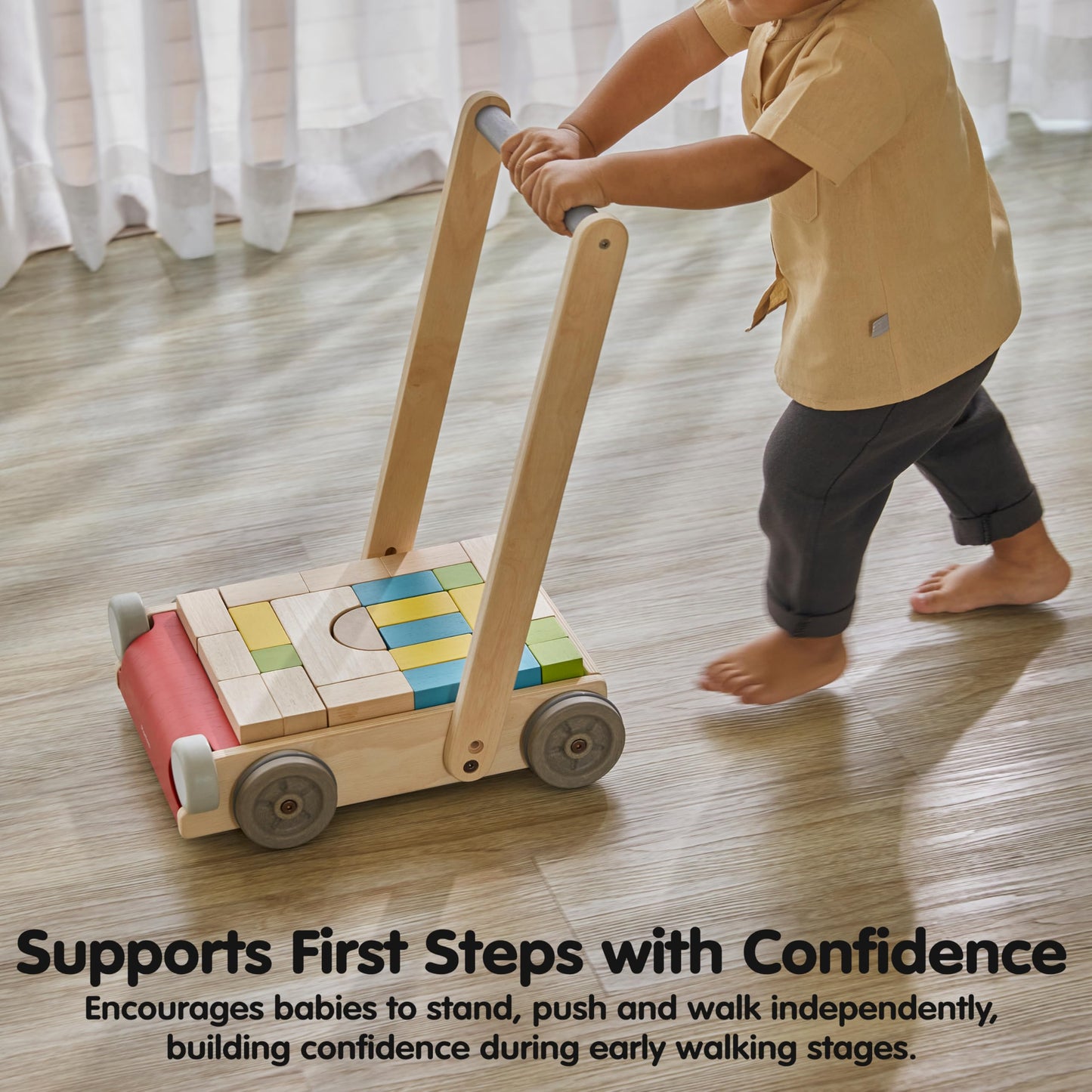 PlanToys® Baby Walker Wooden Push Toy for First Steps & Balance | Montessori Developmental Toy for Coordination & Confidence | Eco-Friendly Learning Toy