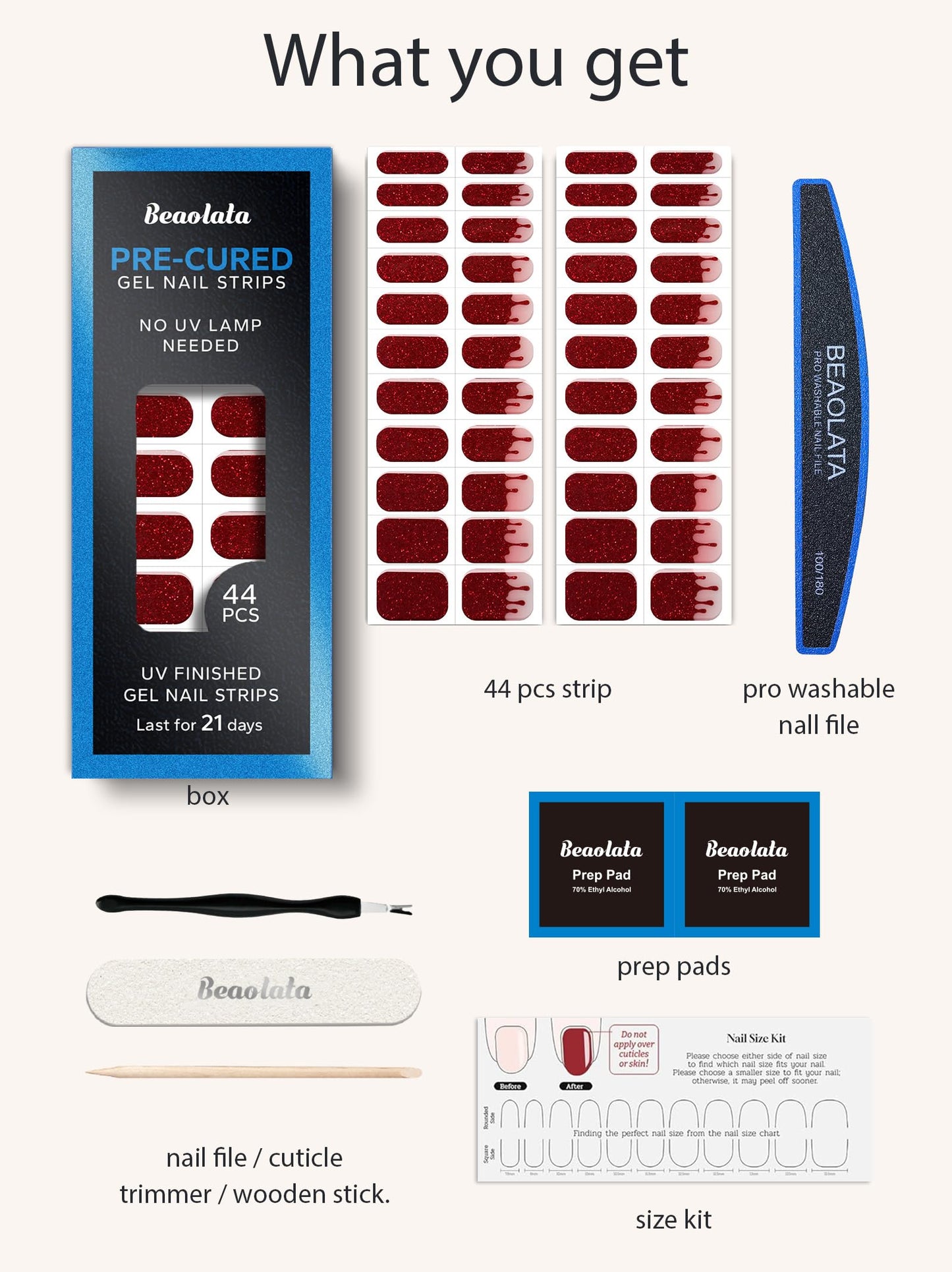 Beaolata Real Gel Nail Strips (No UV Light Needed) - 44Pcs Salon Quality Nail Stickers - Long Lasting Polish Wraps for Women, Easy Apply & Remove (Ruby Glitter)