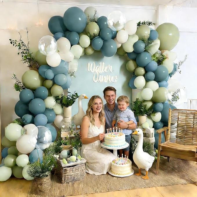 Dusty Blue & Mint Green Balloon Arch Kit, Double Stuffed with Clear Bobo – Slate Blue, Olive, White & Beige Latex Balloons for Baby Shower, Bridal & Wedding