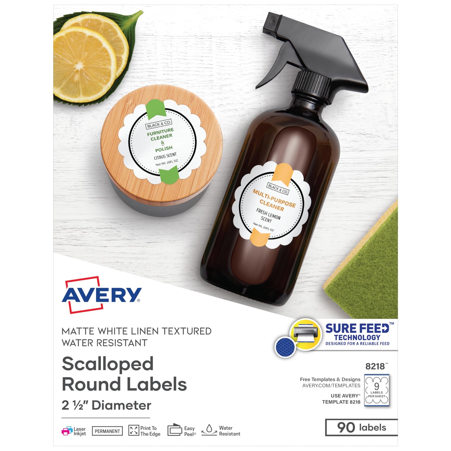 Avery Scallop 2.5 Inch Round Labels with Sure Feed for Laser & Inkjet Printers, 90 White Labels (8218)