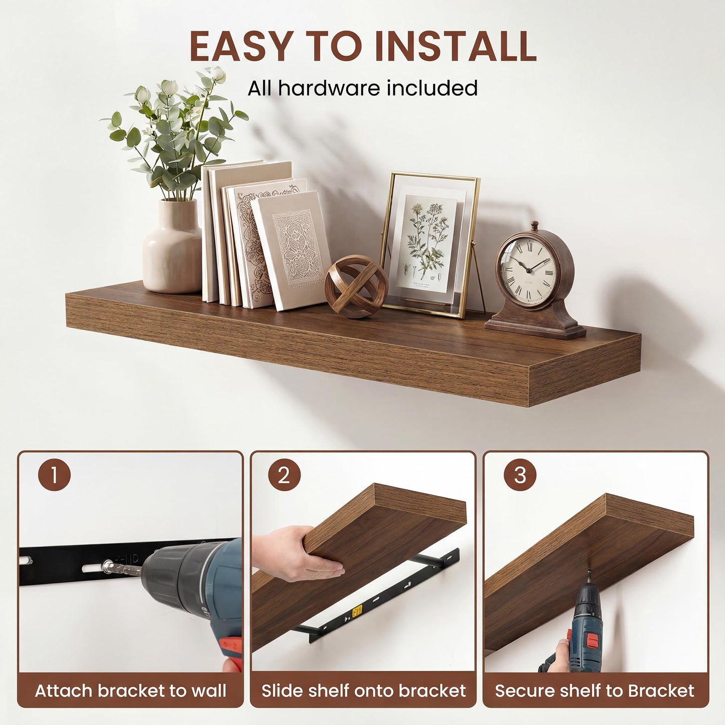 Dreamland 32 Inches Floating Shelves for Wall, 9.3" Deep Long Floating Shelves Set of 2, Large Display & Storage Shelf, Wall Shelf for Bathroom Bedroom Living Room Kitchen Office, Walnut