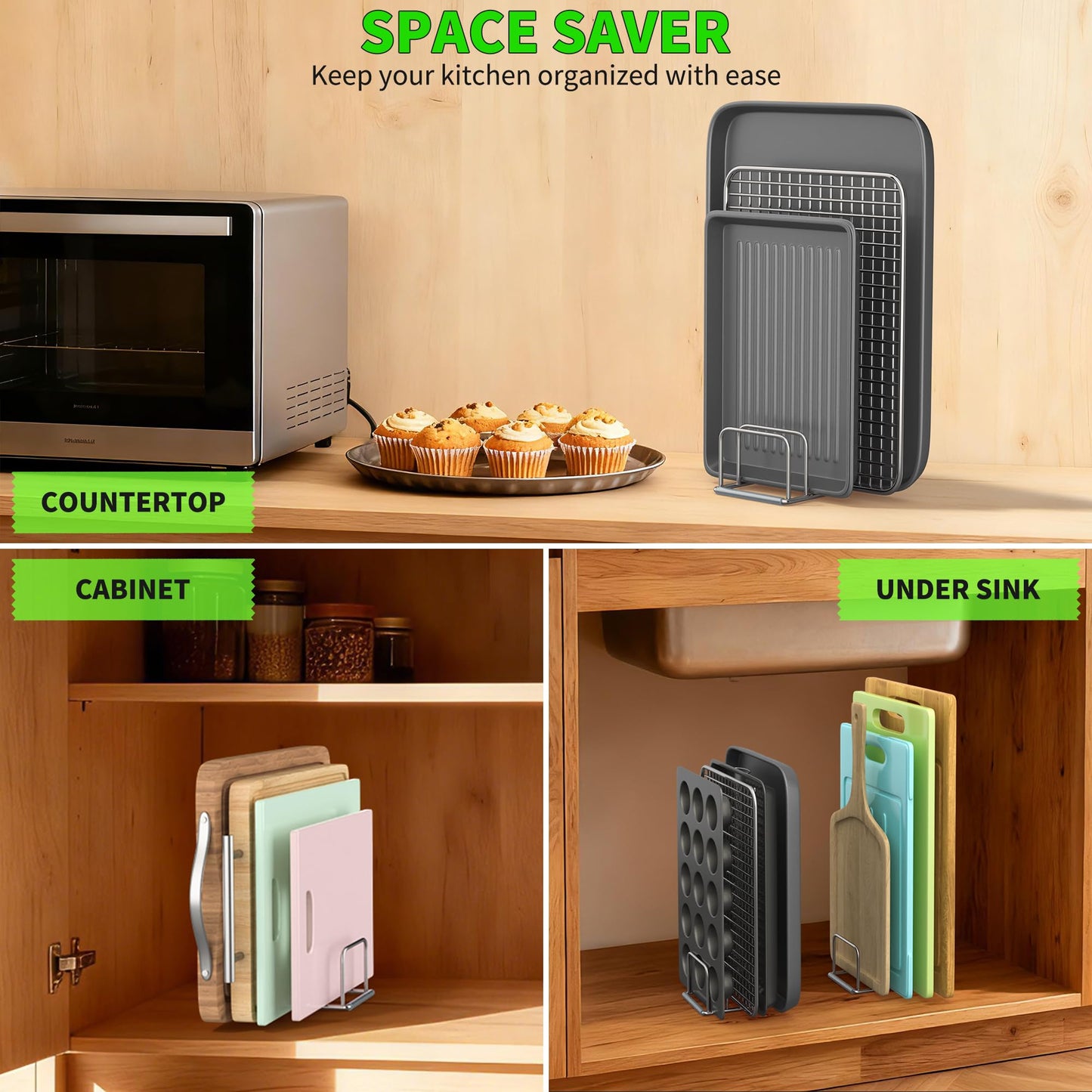 PLUVON Cutting Board Organizer-1.0in Wide Kitchen Cutting Board Holder Stand for Baking Sheets,Cookie Sheets with 4 Slots,304 Stainless Steel Baking Sheet Oragnizer(1.0 Inch Width Slots)