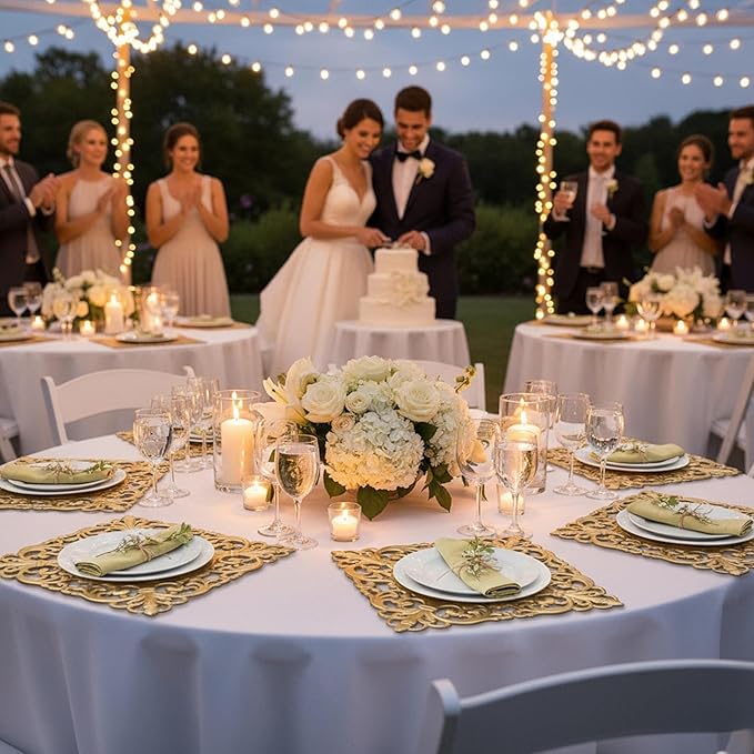JEVERGN 12 Pack Gold Charger Plates, 12" Square Chargers for Dinner Plates, Gold Plate Chargers with Embossed Rims, Plastic Charger for Wedding, Party Event, Dinner, Table Setting