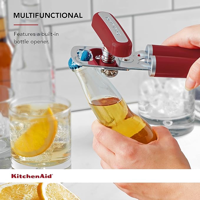 KitchenAid Classic Multifunction Can Opener and Bottle Opener Easy to Use, Razor Sharp Stainless Steel Cutting Wheel, Soft Ergonomic Handles, Empire Red