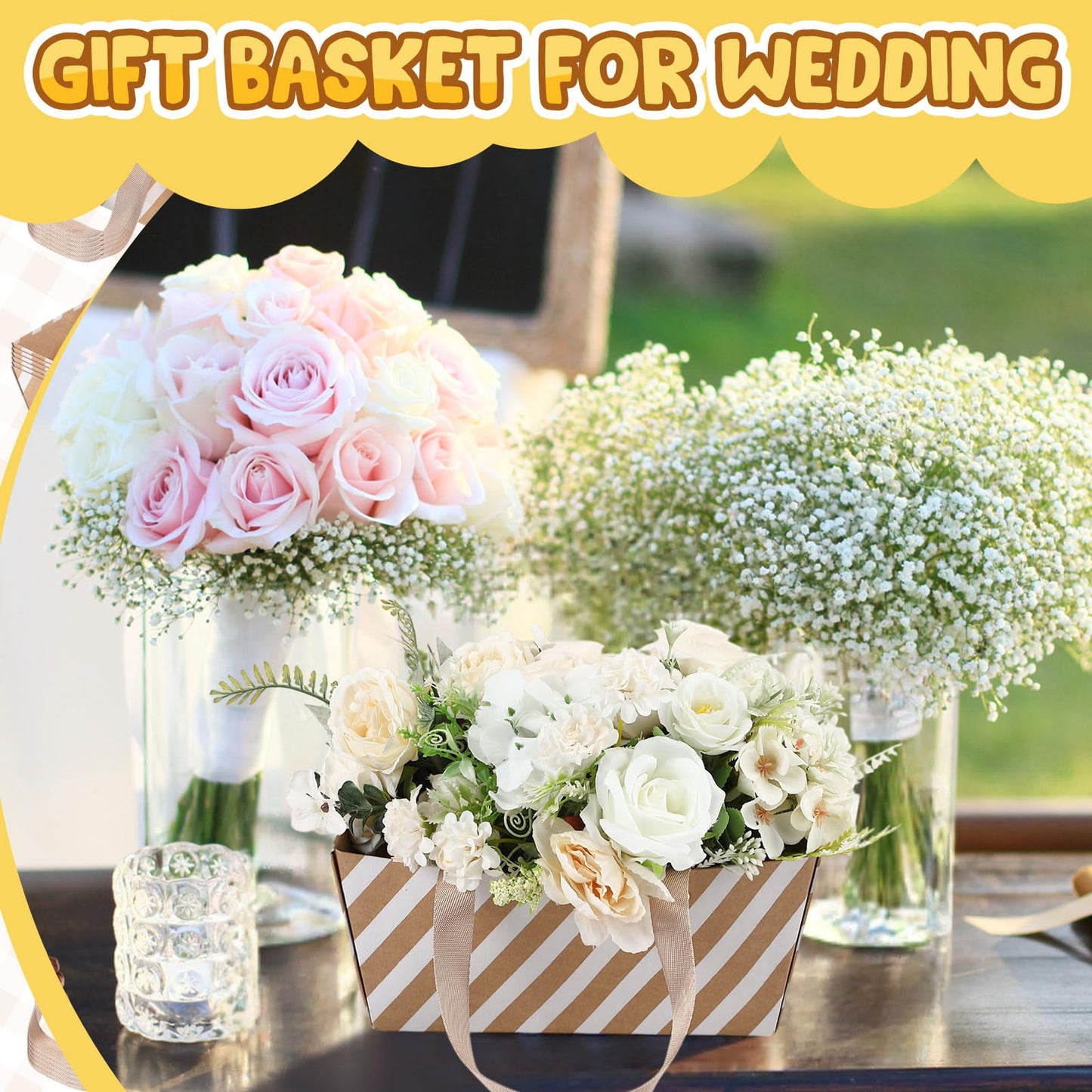 Pinkunn 48 Pcs Basket for Gifts Empty DIY Bulk Party Gift Basket Kit with Handles Market Trays for Packages Wrapping Wedding Party Anniversary Display(Stripes)