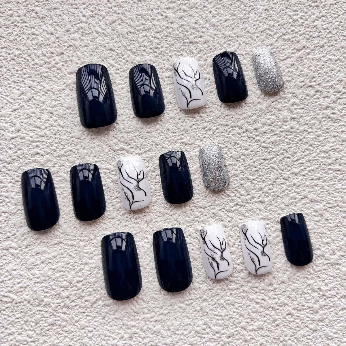 Medium Square Press On Nails Dark Blue Fake Nails Marbling With Glitter Design Full Cover Acrylic False Nails Artificial Glossy Glue On Nail Stick On Nail For Women Manicure 24pcs