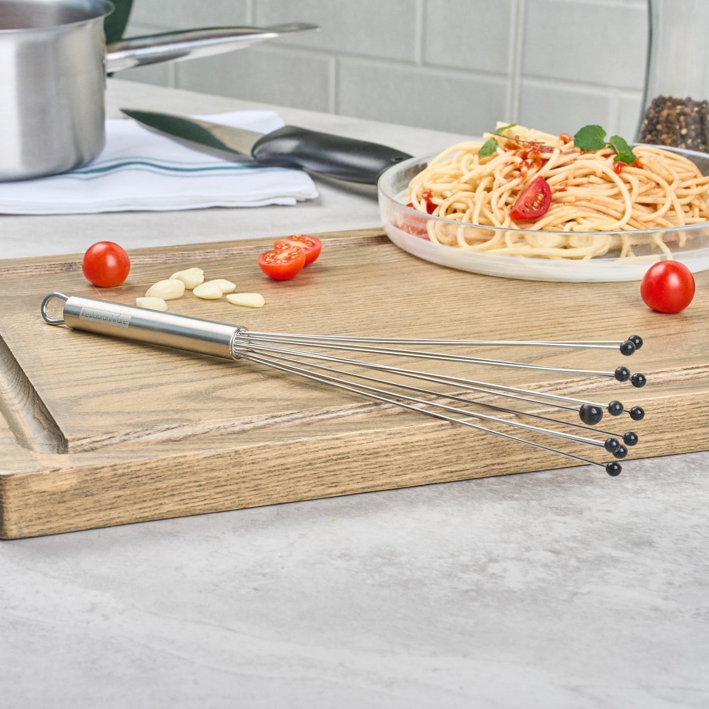 Restaurantware 12.5 in Stainless Steel Ball Whisk with Silicone Tips - German Standard Sauce & Gravy Whisk, Non-Scratch, Dishwasher Safe - Non-Stick Silicone Ball Whisk for Baking