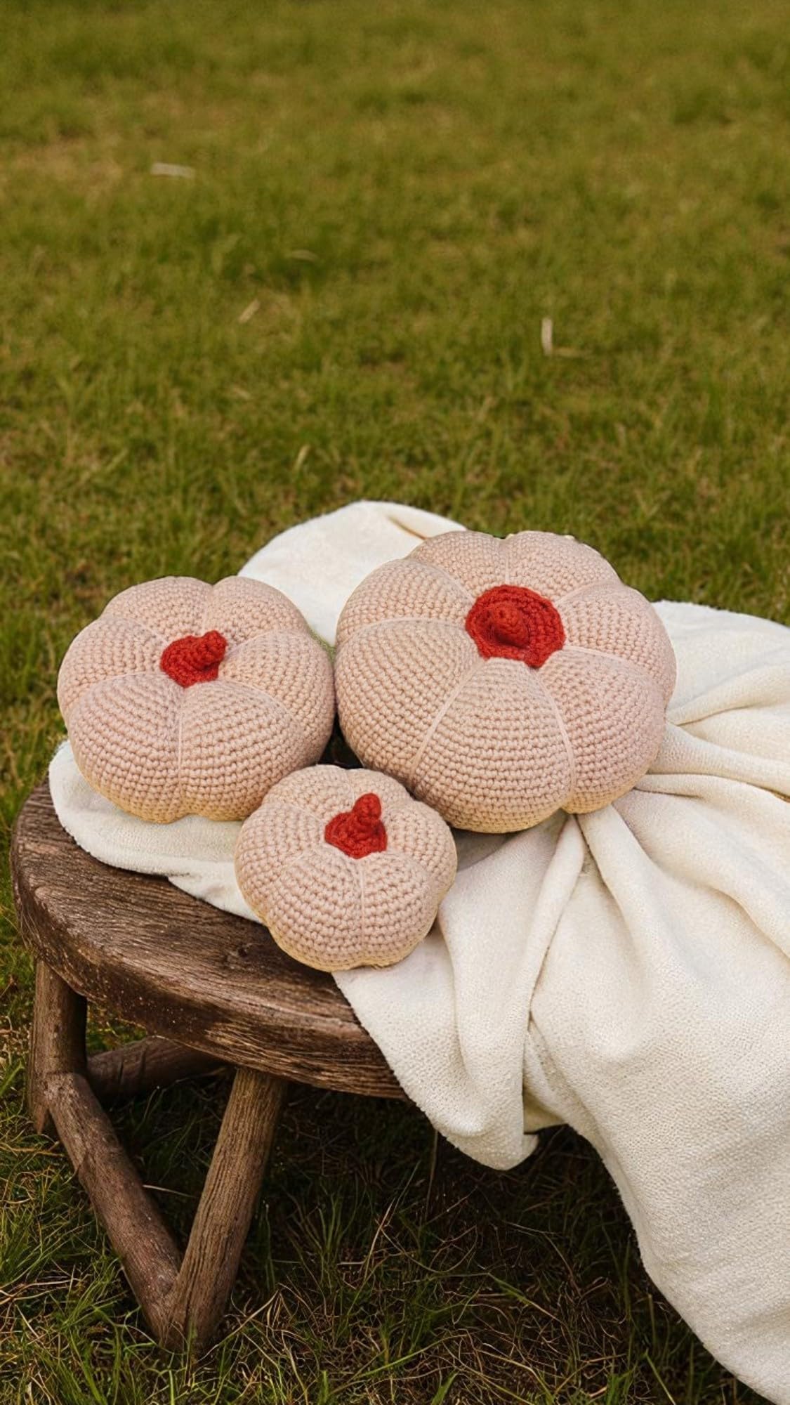 Halloween Decorative Crochet Handmade Pumpkins Set of 3 Tabletop or Shelf Decor, Spooky Fall Table Accent Ivory Tiered Fall Decoration