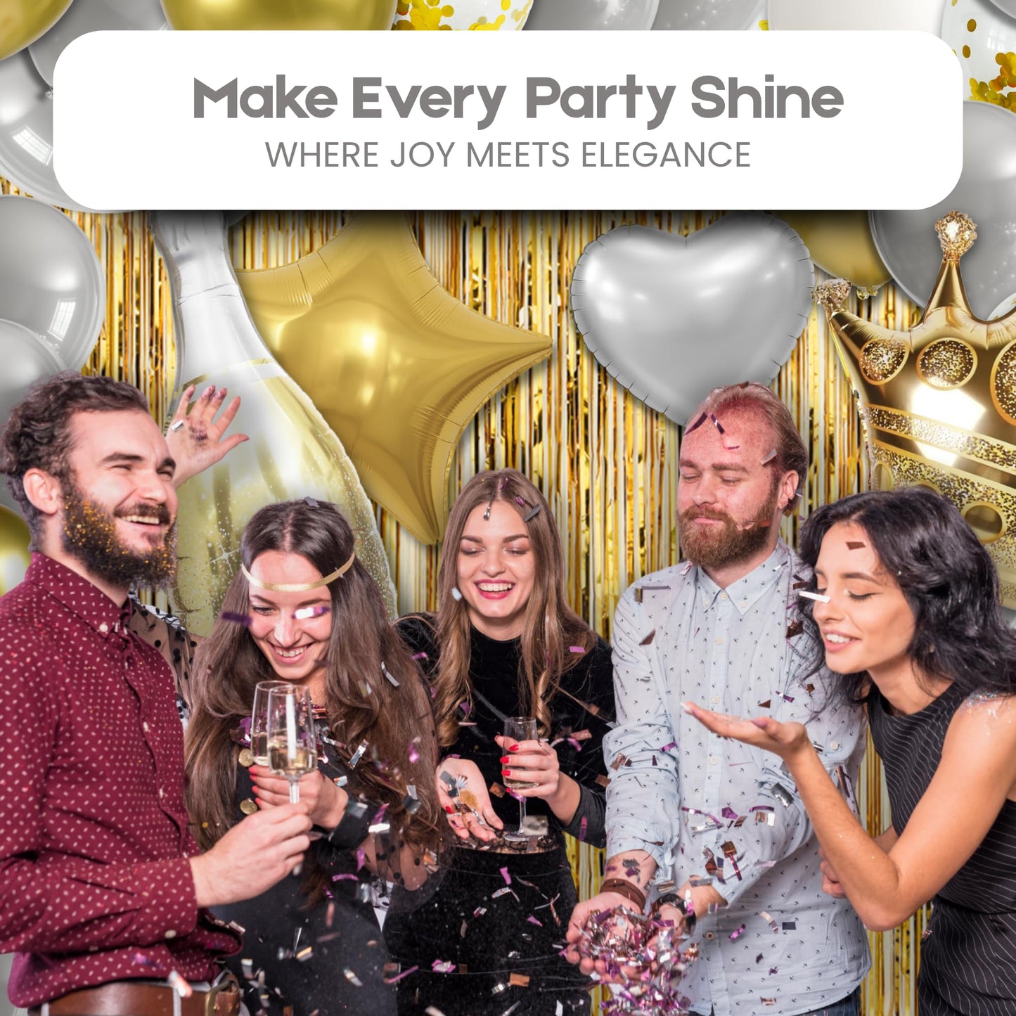 BURGANN Gold Birthday Party Decorations Set, White Silver Gold Balloon Garland Kit with Banner, Crown, Champagne Bottle, Foil Backdrop