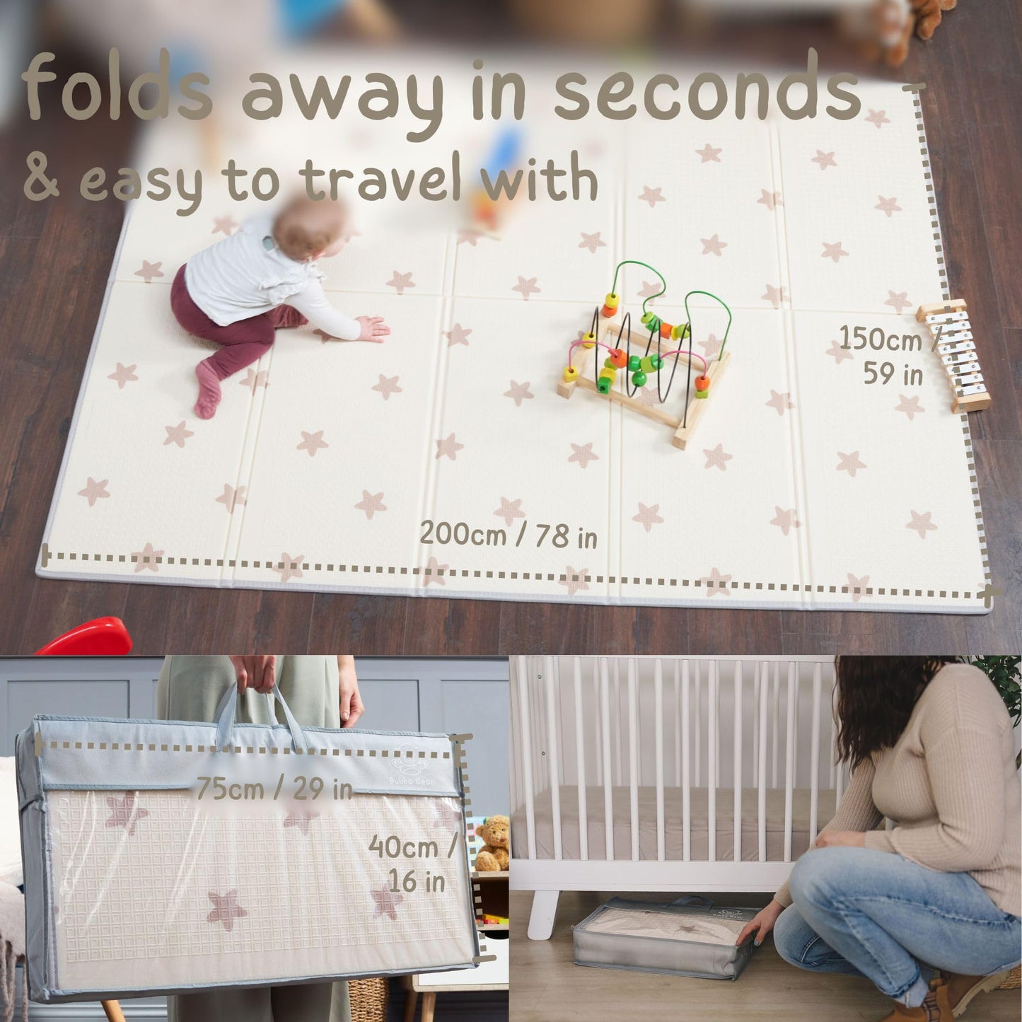 Bubba Bear Baby Play Mat, Thick Foam with Pattern Design, Foldable Waterproof Padded Crawling Mat for Babies (Beige Stars, 79 x 59 Inches)