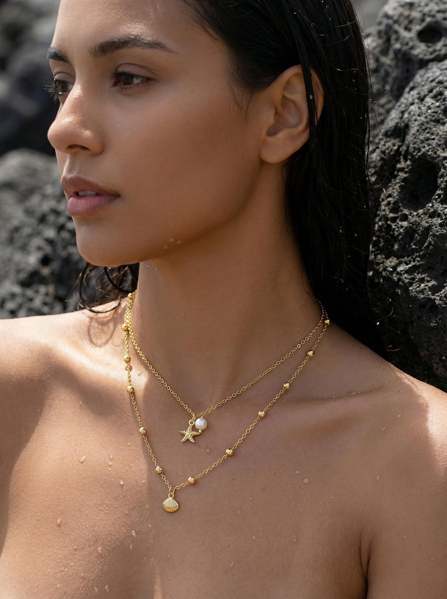 Seashell Starfish Necklace for Women Conch Shell Summer Pearl Beach 14k Gold Layered Dainty Choker (Pearl Layered Necklace)