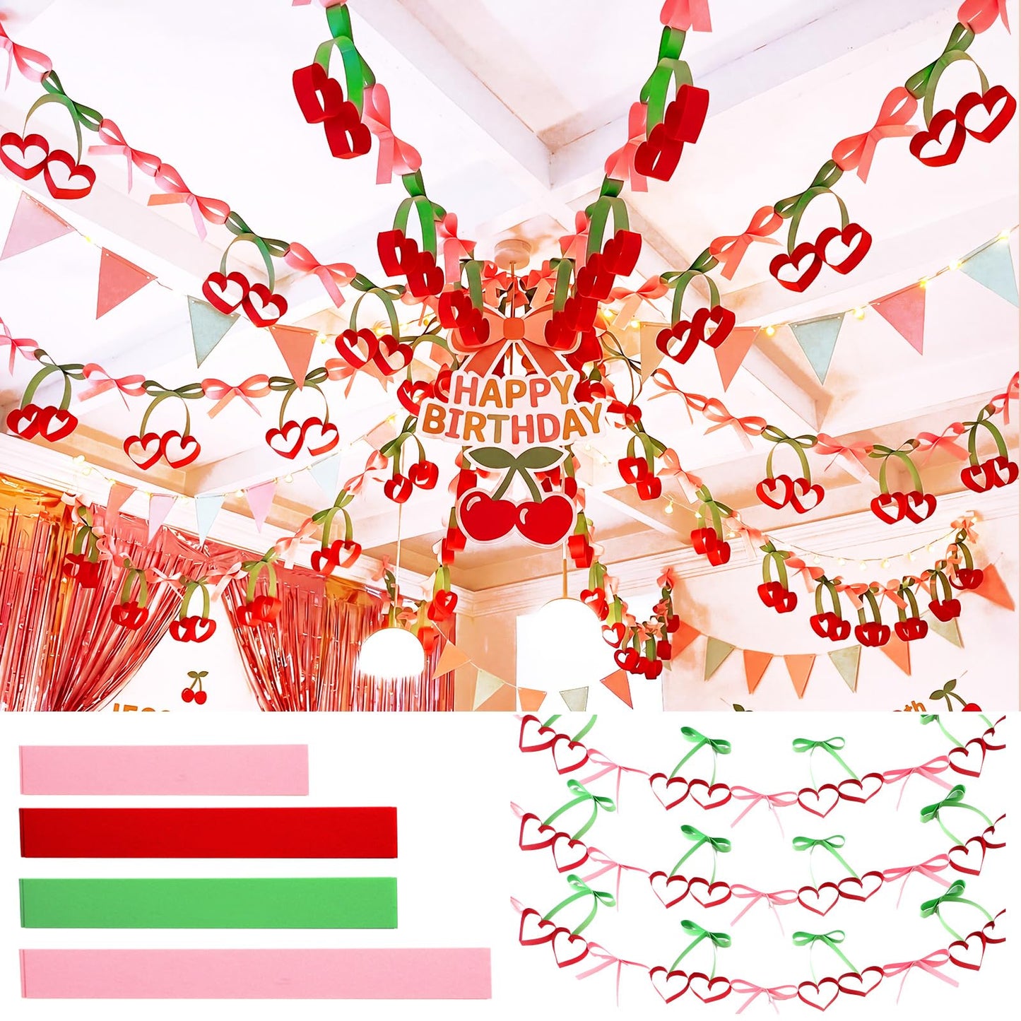 Gueevin 300 Sheets Cherry Party Paper Chain Strips Decorations Paper About 41 Feet in Total with 1 Roll Double Sided Tape DIY Cherry and Bow Hanging Banner for Baby Shower Bridal Bachelorette Wedding