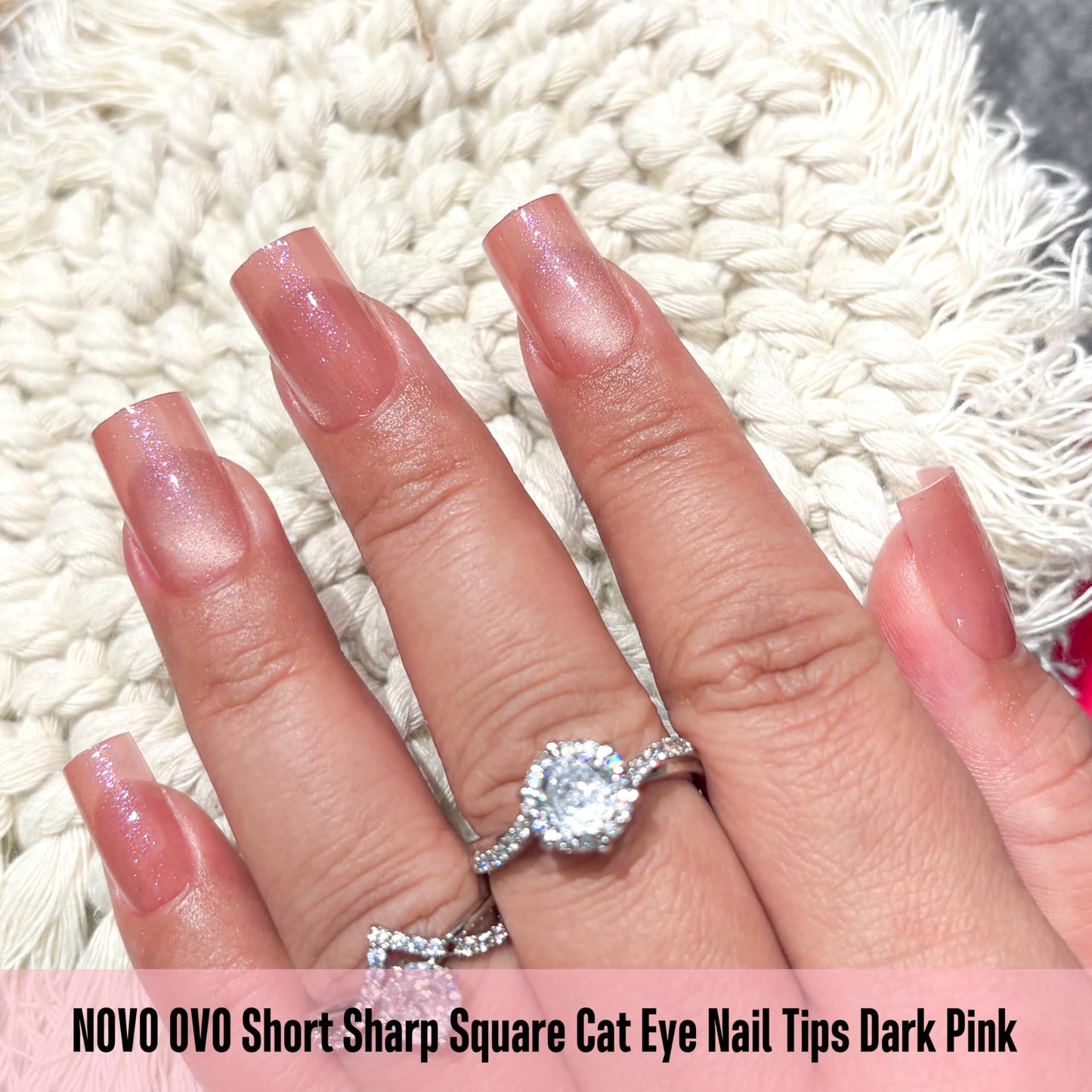 NOVO OVO Short Square Nail Tips 150Pcs Cat Eye, Dark Pink Sharp Square Gel X Nail Tips, Glossy Finished with Top Coat, Full Cover Fake Nails No C Curve for Home DIY Typing Scenario, 15 Sizes