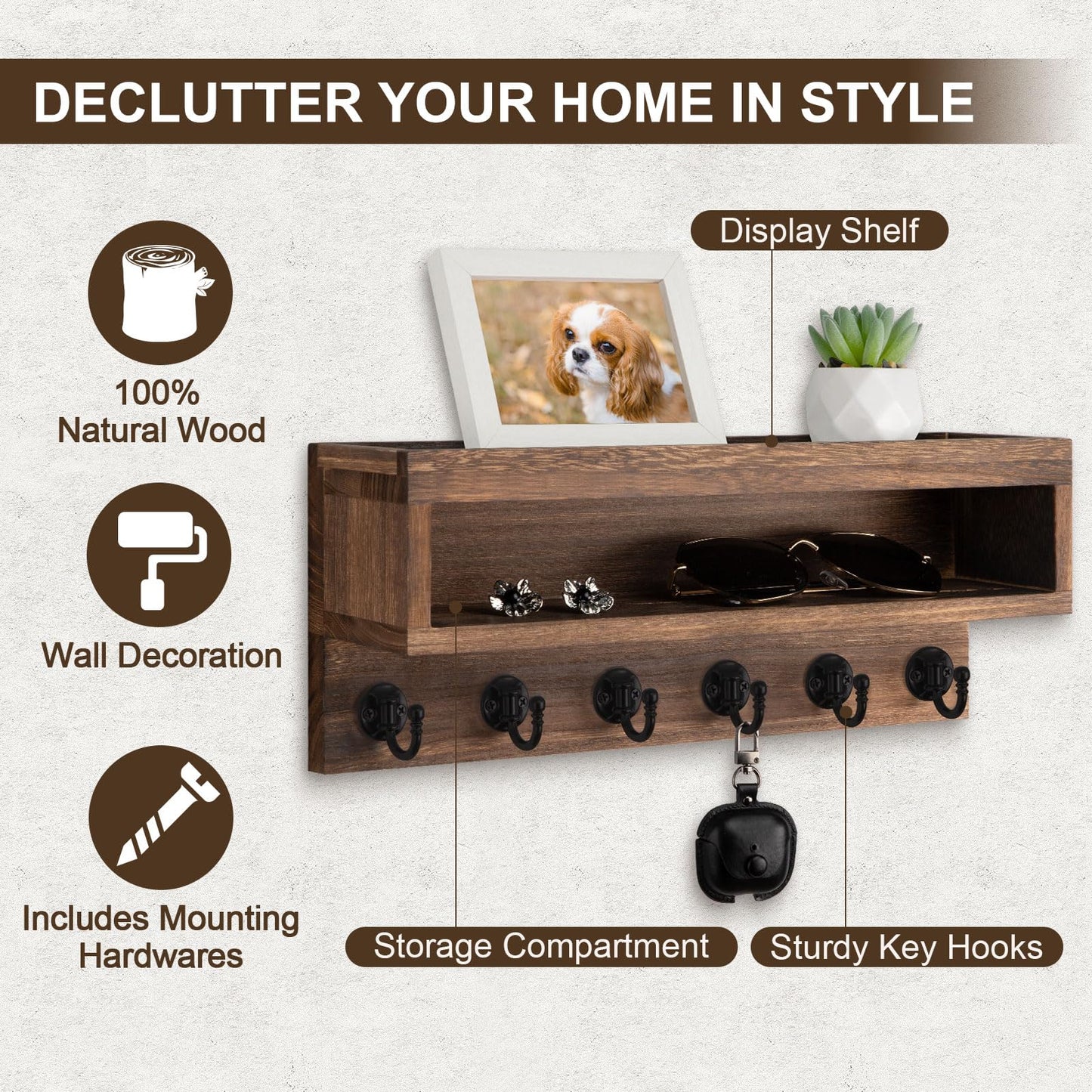 Lucundm Key and Mail Holder Wall Mount, Key Hanger with Long Storage Box and 6 Hooks for Coat, Dog Leash, Home Decor Rack, House Accessories, Entry Way Organizer (Brown)