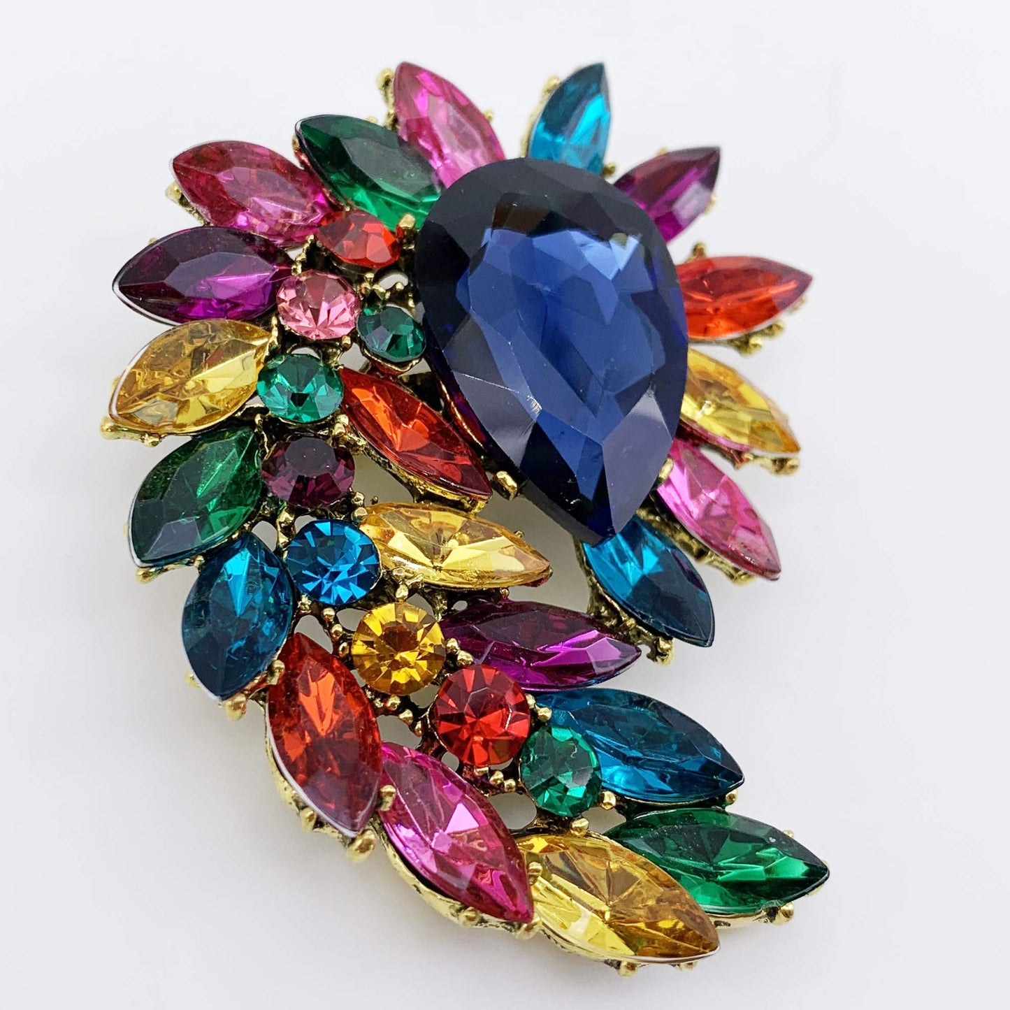 SELOVO Costume Jewelry Marquise Shape Large Flower Multicolor Brooch Pin Antiqued Gold Tone