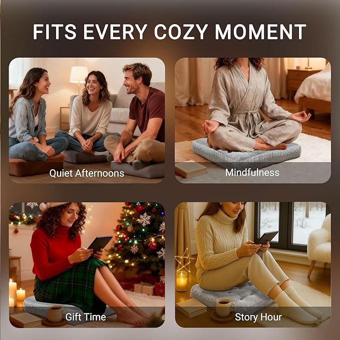 Degrees of Comfort Plush Floor Cushion for Adults – Faux Fur Meditation Pillow – Soft Winter Tatami Seating Pad – 22” Square, Light Grey, 1 Pack
