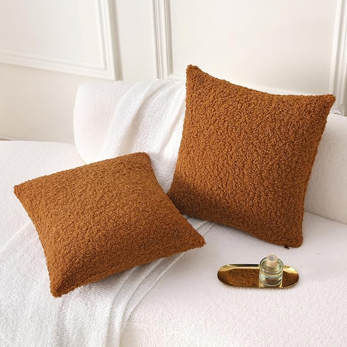 FUTEI Rust Throw Pillow Covers 16x16 Inch Set of 2,Furry Faux Fur Teddy Boucle Textured Cushion Covers,Soft Fluffy Decorative Pillow Case,Home Decor for Couch Bed Living Room Office Car