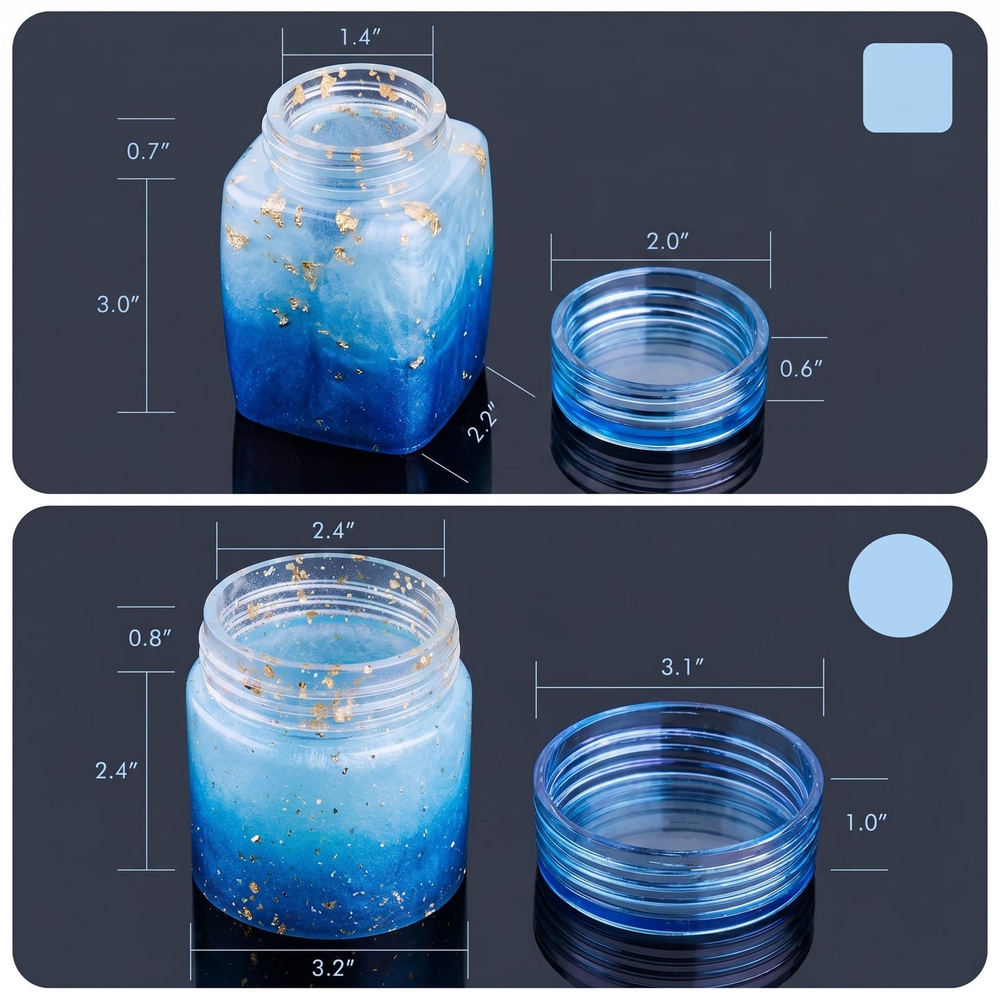 NiArt Epoxy Resin Casting Soft Silicone Mold Wide Mouth Screw-On Cap Bottles (Cuboid+Straight-Sided Cylinder), DIY Art Craft Multipurpose Home Lid Storage Container Jewelry Jar Holiday Decoration