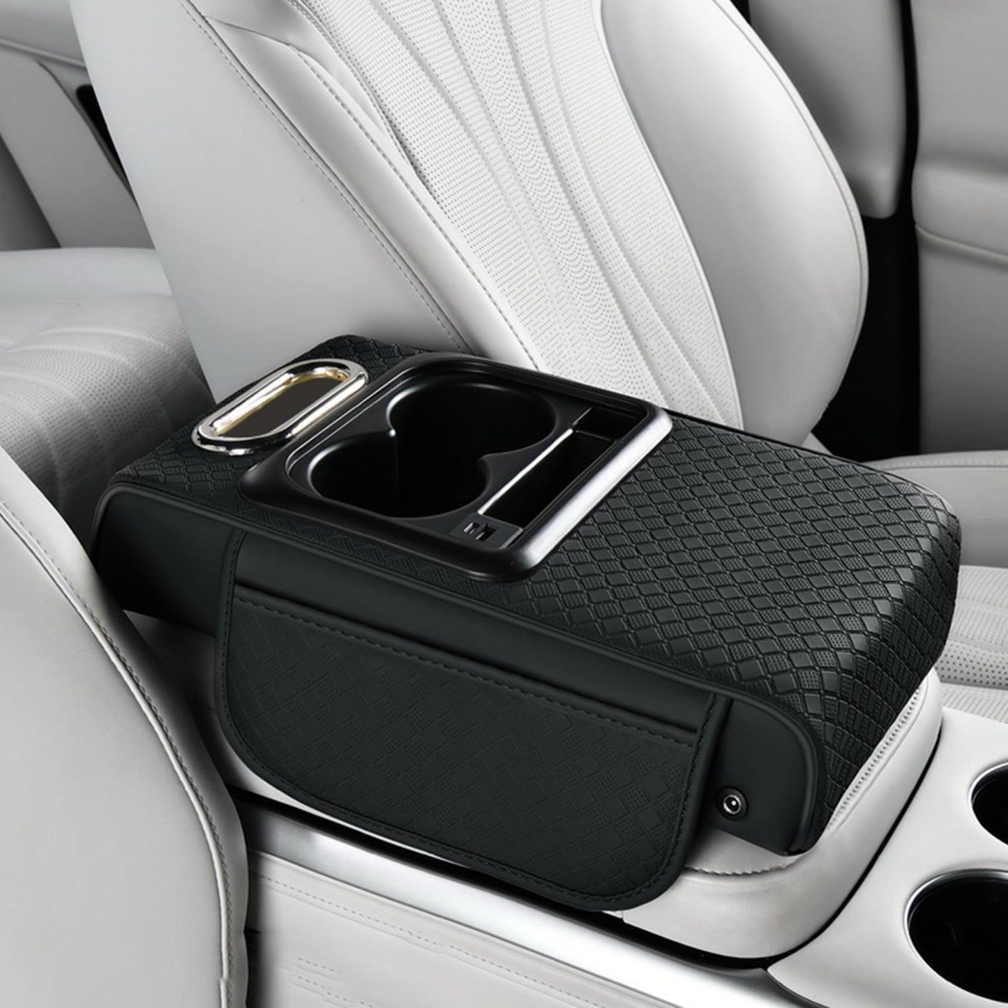 GioXtra Car Armrest Box Mat - Multi-Functional Black Leather Center Console Cover Waterproof Height Enhancement Cushion with Storage Box Cup Tissue Phone Holder Card Pocket for Car Interior Accessory