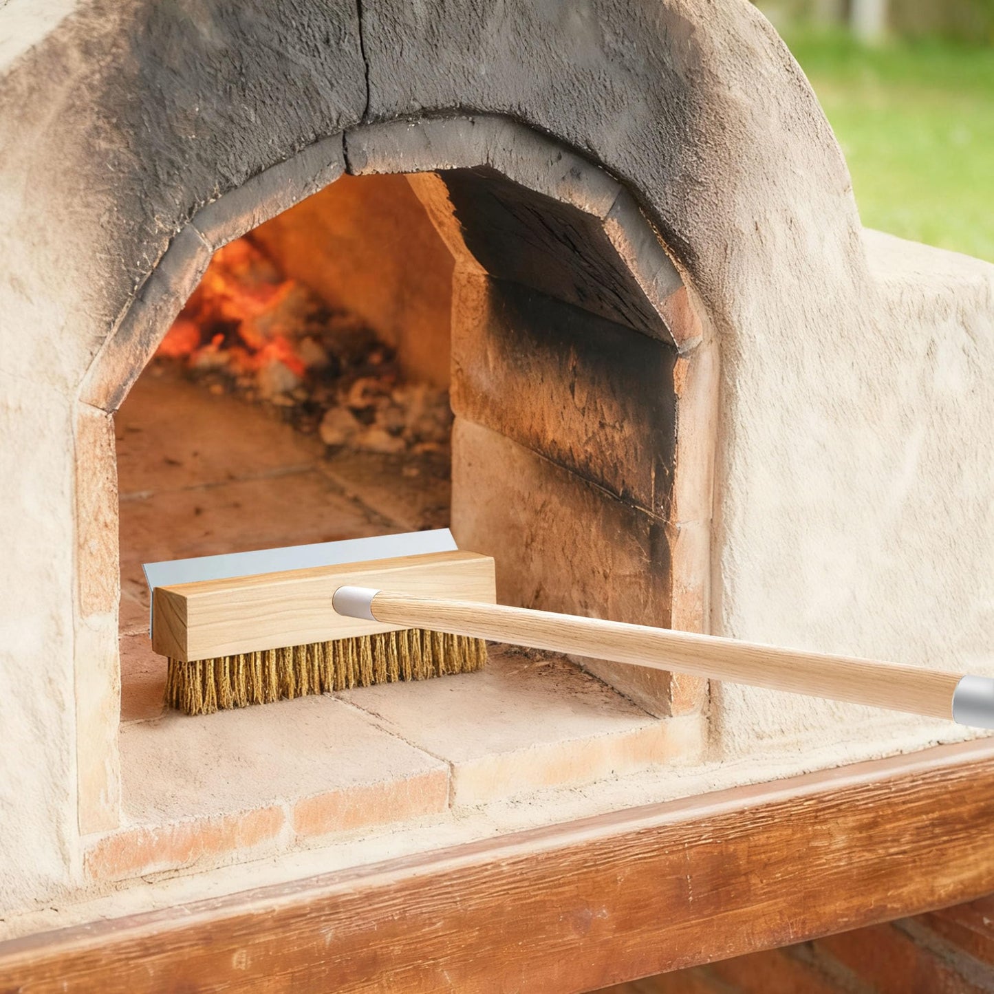 Commercial Oven Brush - Long Handle Pizza Oven Scraper Brush with Nylon & Brass Bristles for Grill & Bakery Cleaning