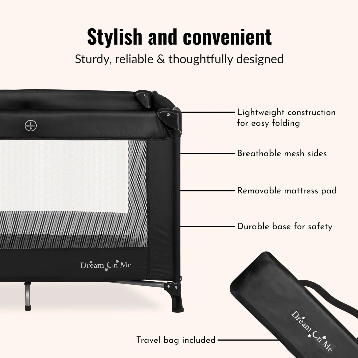 Dream On Me Nest Portable Playard in Black with Carrybag an Shoulder Strap, Lightweight, Packable and Easy Setup Baby Playard, Breathable Mesh Sides and Soft Fabric - Comes with a Removable Padded Mat