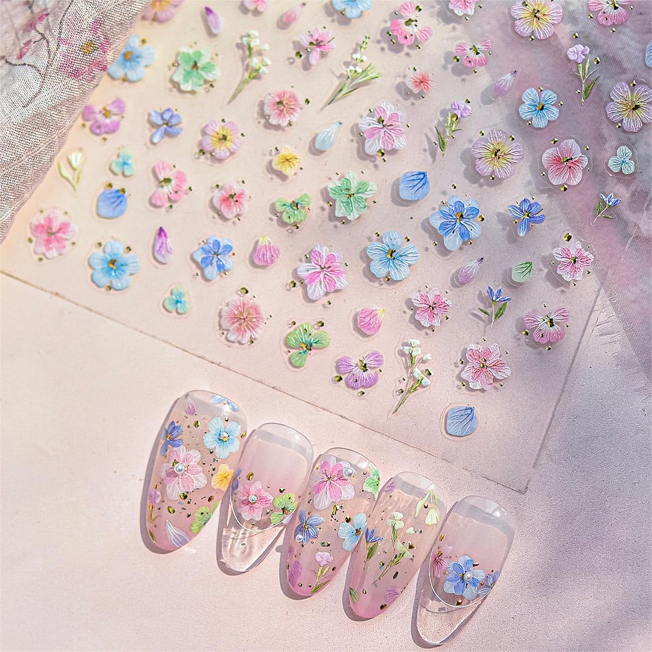 Phuryllic 3D Nail Stickers for Nail Art, Embossed Self-Adhesive Cute Nail Charms & Decals for DIY Nails, Easy-to-Apply Nail Design Supplies & Accessories for Home Manicure-Pink&Blue Flower