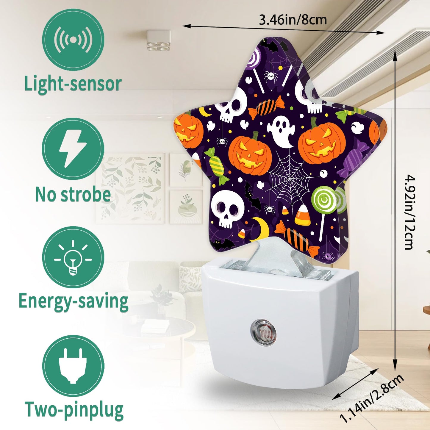 Halloween Skull Star Night Light Plug in, Decorative Night Light for Kids Room Nursery Bedroom, Soft Glow Sensor Lamp for Hallway Bathroom, Compact Energy Saving