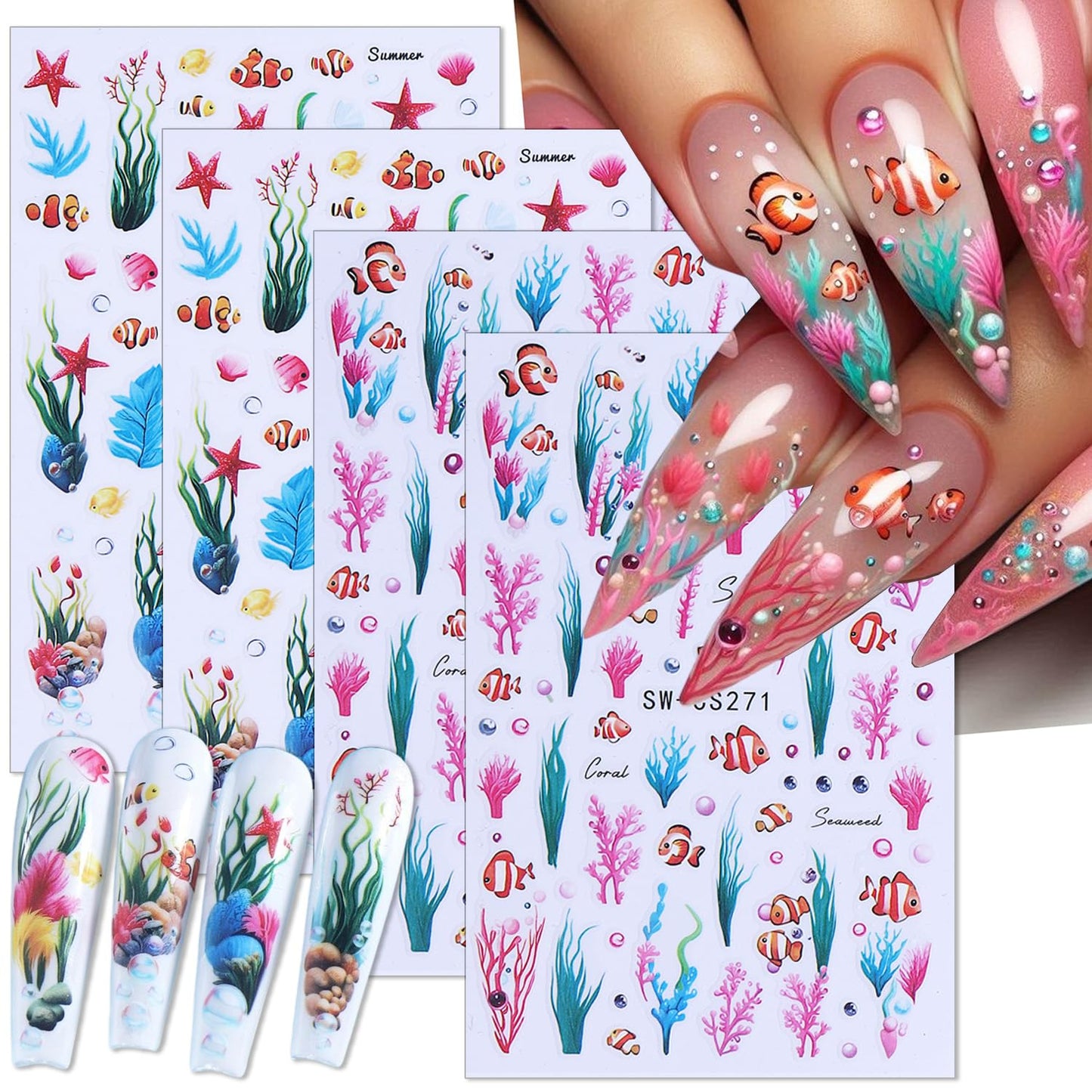 Marine Life Nail Art Stickers Decals 3D Self-Adhesive Fish Seaweed Nail Decals Design Supply Summer Fish Seaweed Marine Life Nail Stickers for Women DIY Manicure Decoration Accessories 4 Sheets