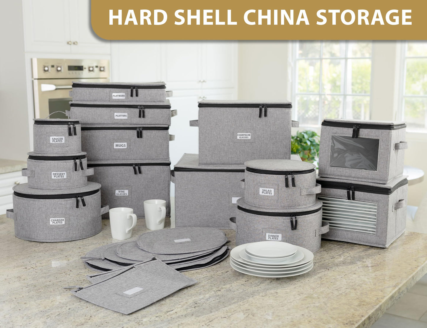 Cup Storage Container - 16" x 13" x 6"H - Holds 12 Coffee Cups - Tea Cups - Mugs - Hard Shell and Stackable - Includes Insert Card for Labeling and Padded Dividers