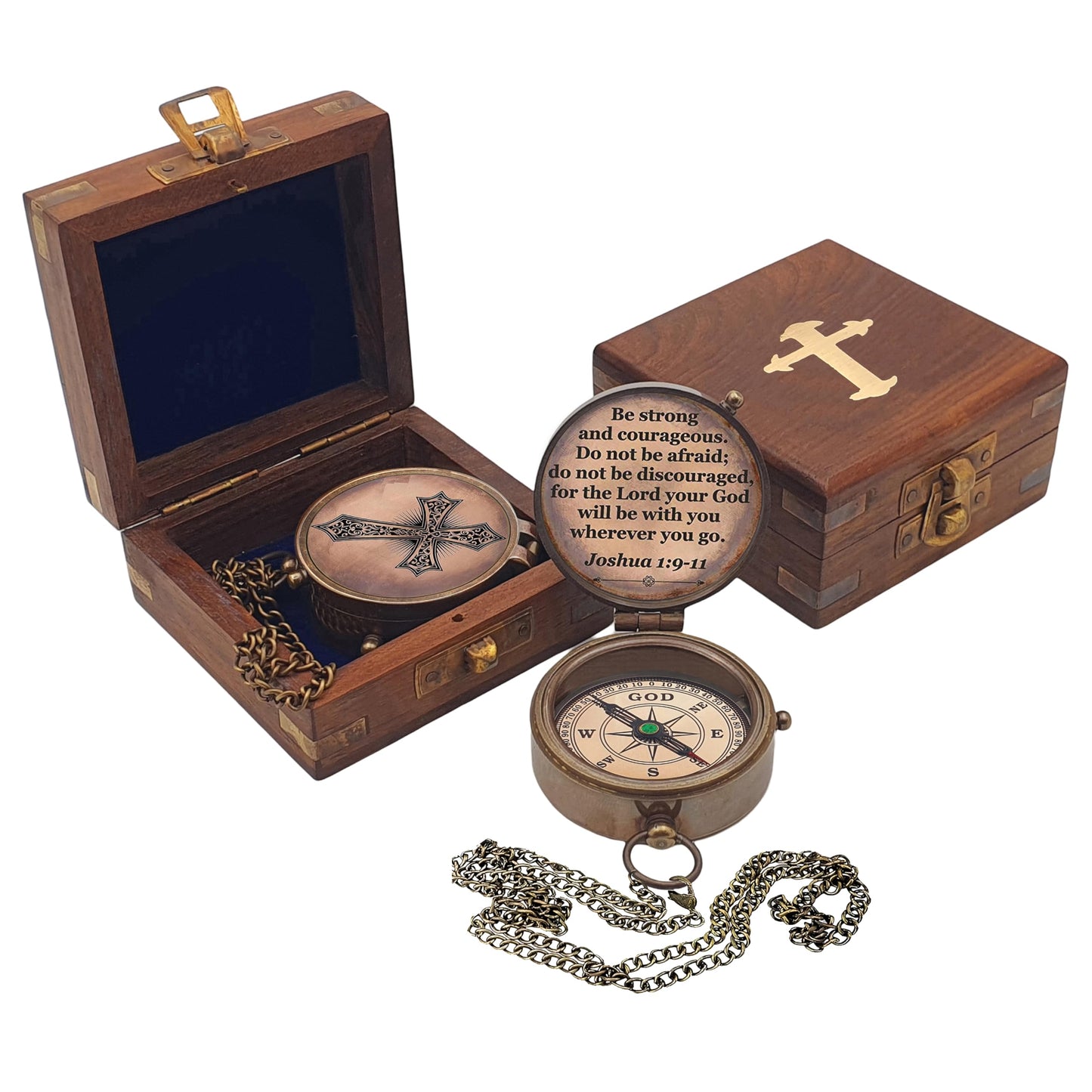 Baptism Gift Personalized Keepsake Compass Engraved Cross and Be Strong and Courageous, Confirmation Gift Ideas, Gift of Faith. Missionary (Antique with Wooden Box)