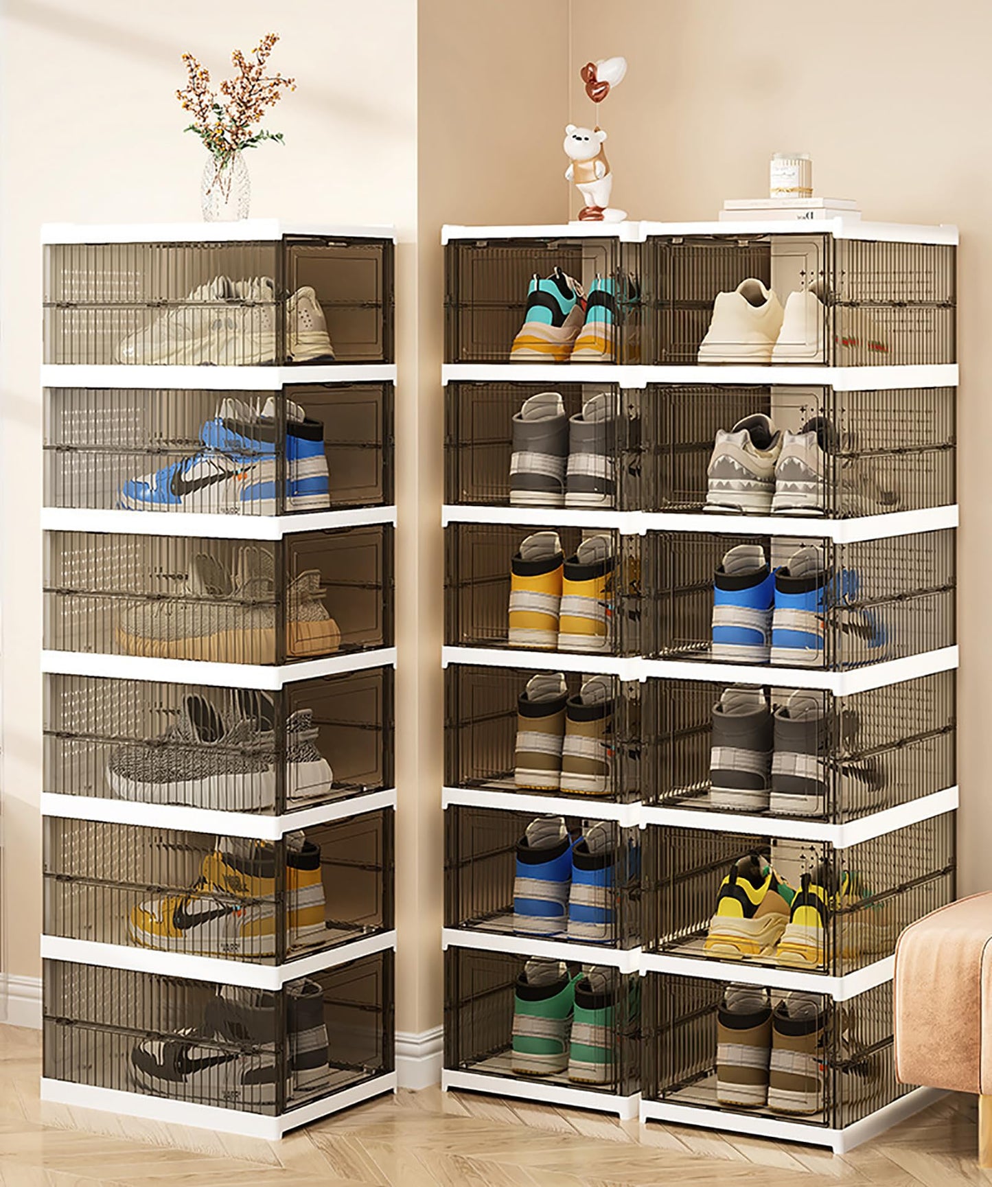 M ACHOOSE Shoe Storage Organizer Box 6-Tier Foldable Collapsible Stackable Shoe Rack Bins, Fit Size 12, No Assembly, for Men and Women (Transparent gray)