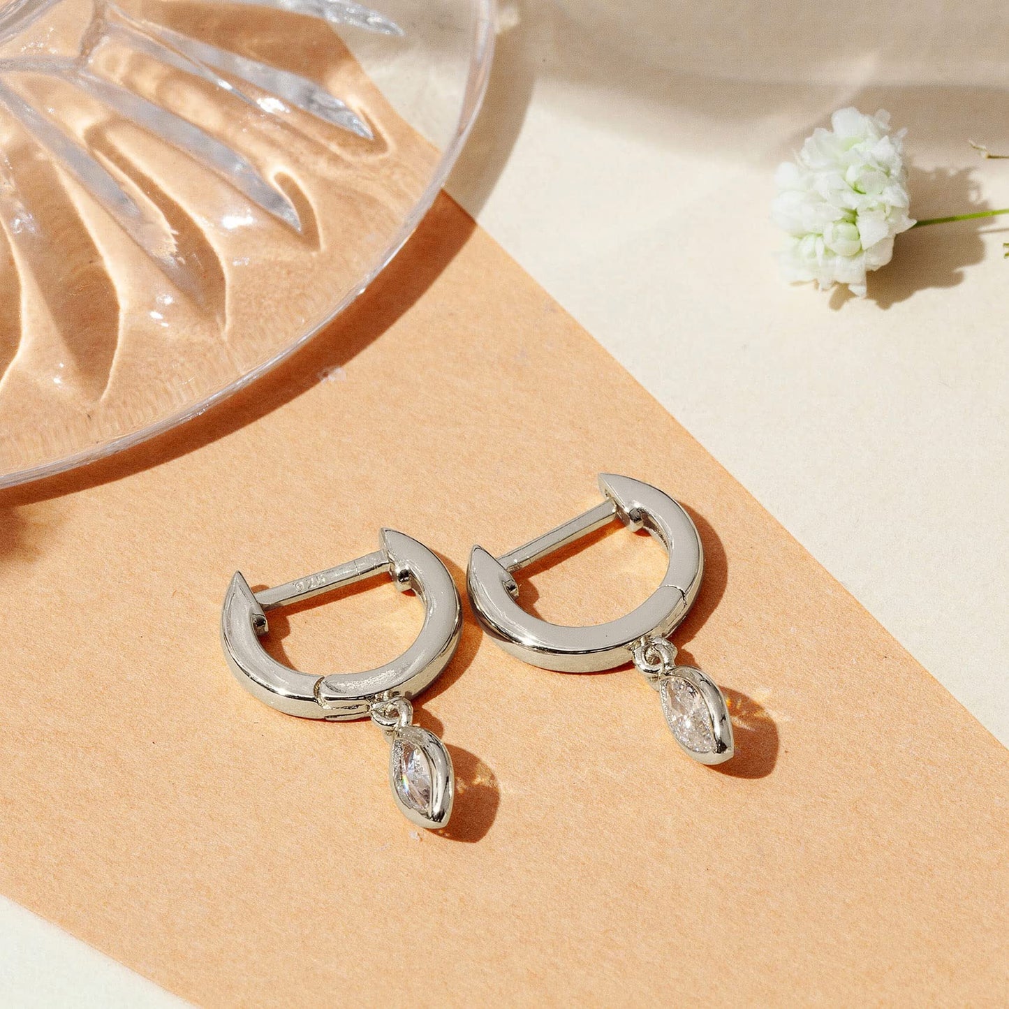 PAVOI 14K White Gold Plated S925 Sterling Silver Post Drop/Dangle Huggie Earrings for Women | Dainty Marquise Earrings
