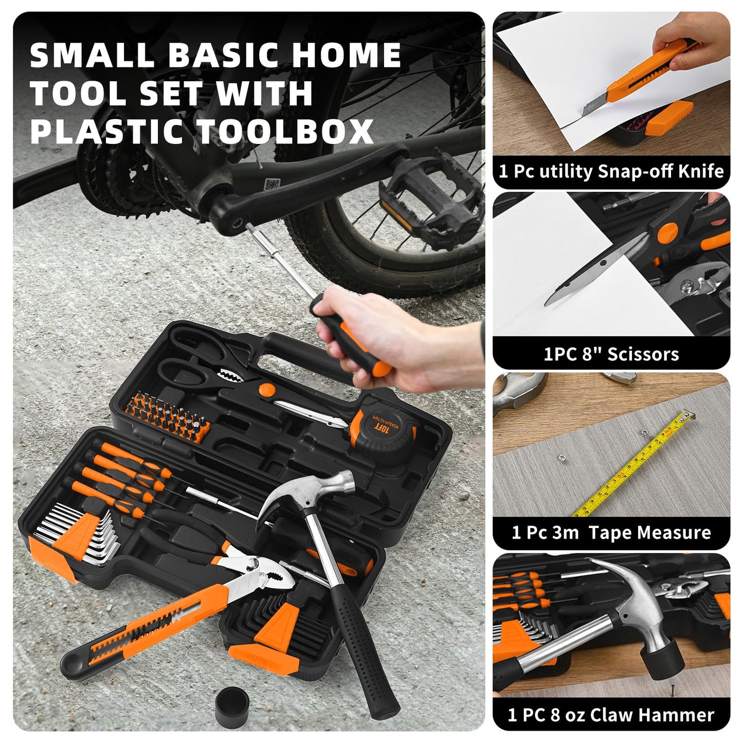 GETFOO 58-Piece Tool Kit Basic Home Repair Tool Set, General Household Hand Tool Kit,Small Tool Kit with Plastic Toolbox Mini Tool kit for Women, Office & College Repairs Orange