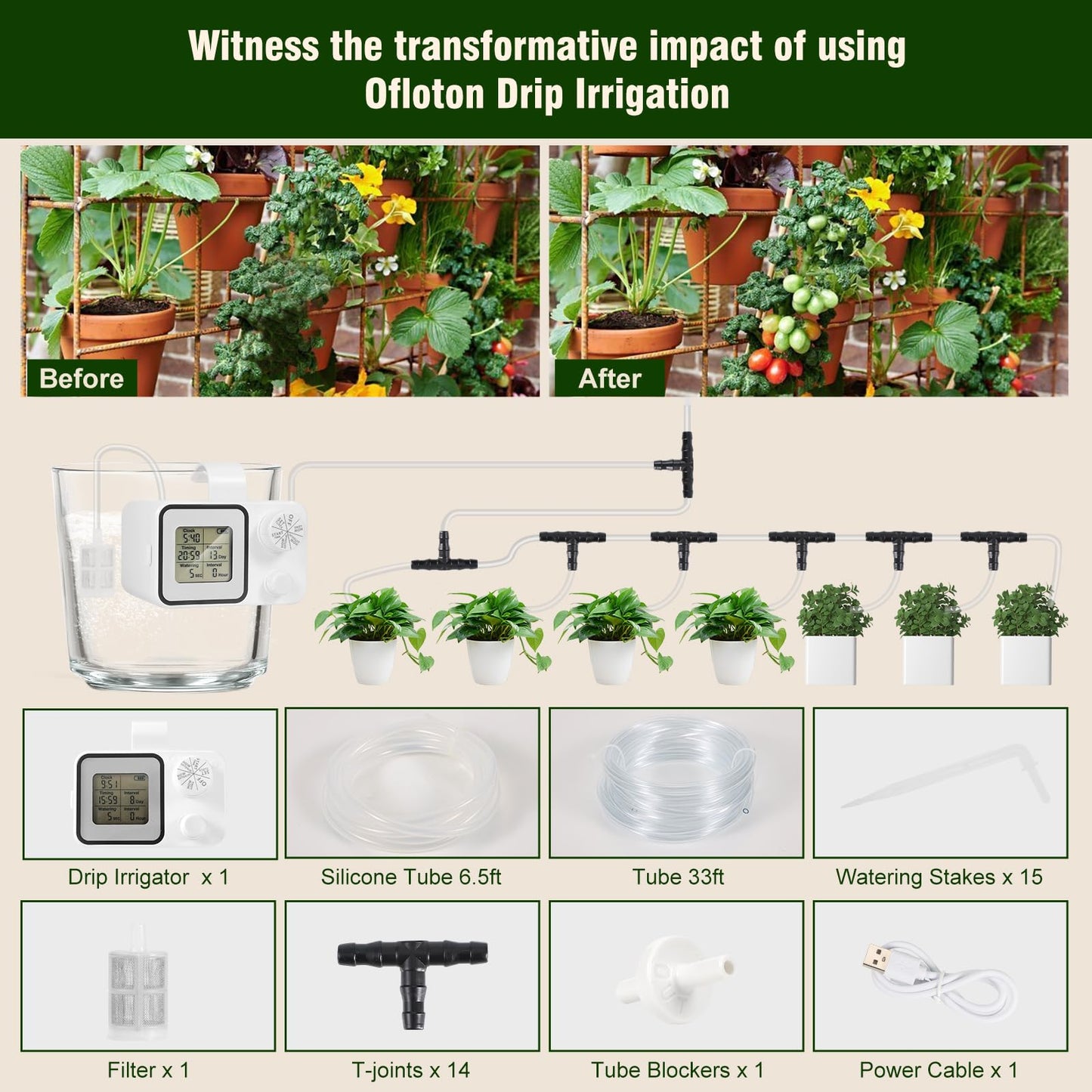 Automatic Drip Irrigation Kit,Ofloton 15 Potted Indoor Houseplants Support,Indoor Automatic Watering System for Plants,with Digital Programmable Water Timer