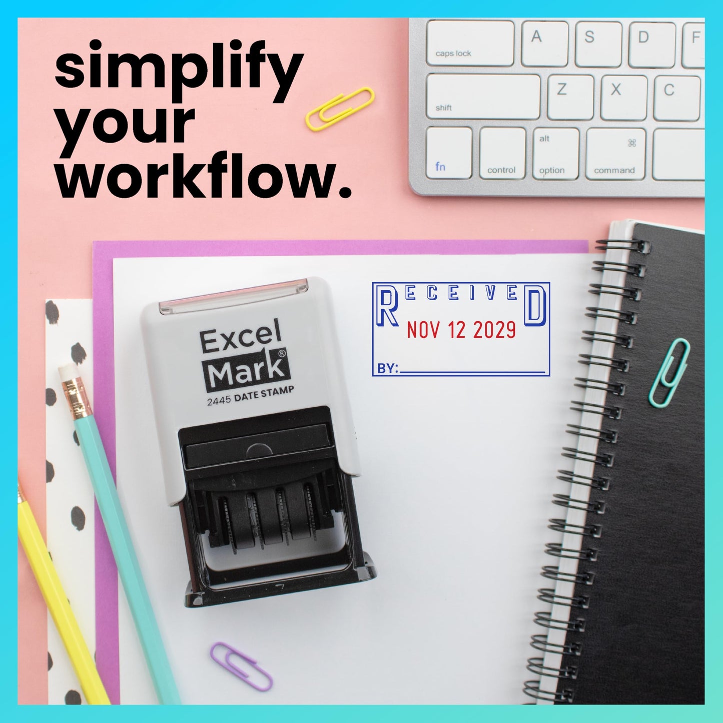 ExcelMark 2445 Date Stamp with Text - Blue and Red Ink (Gray Mount, Received)