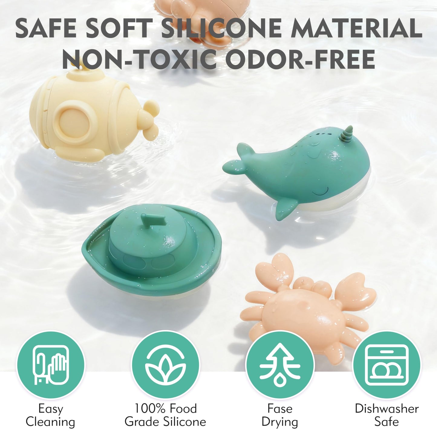MarcZero Ocean Silicone Bath Toys 8Pcs for Toddlers Kids Babies,Bathtub Water Toys,Soft Squeezable Easy-Grip Pool Toys Set (Green)
