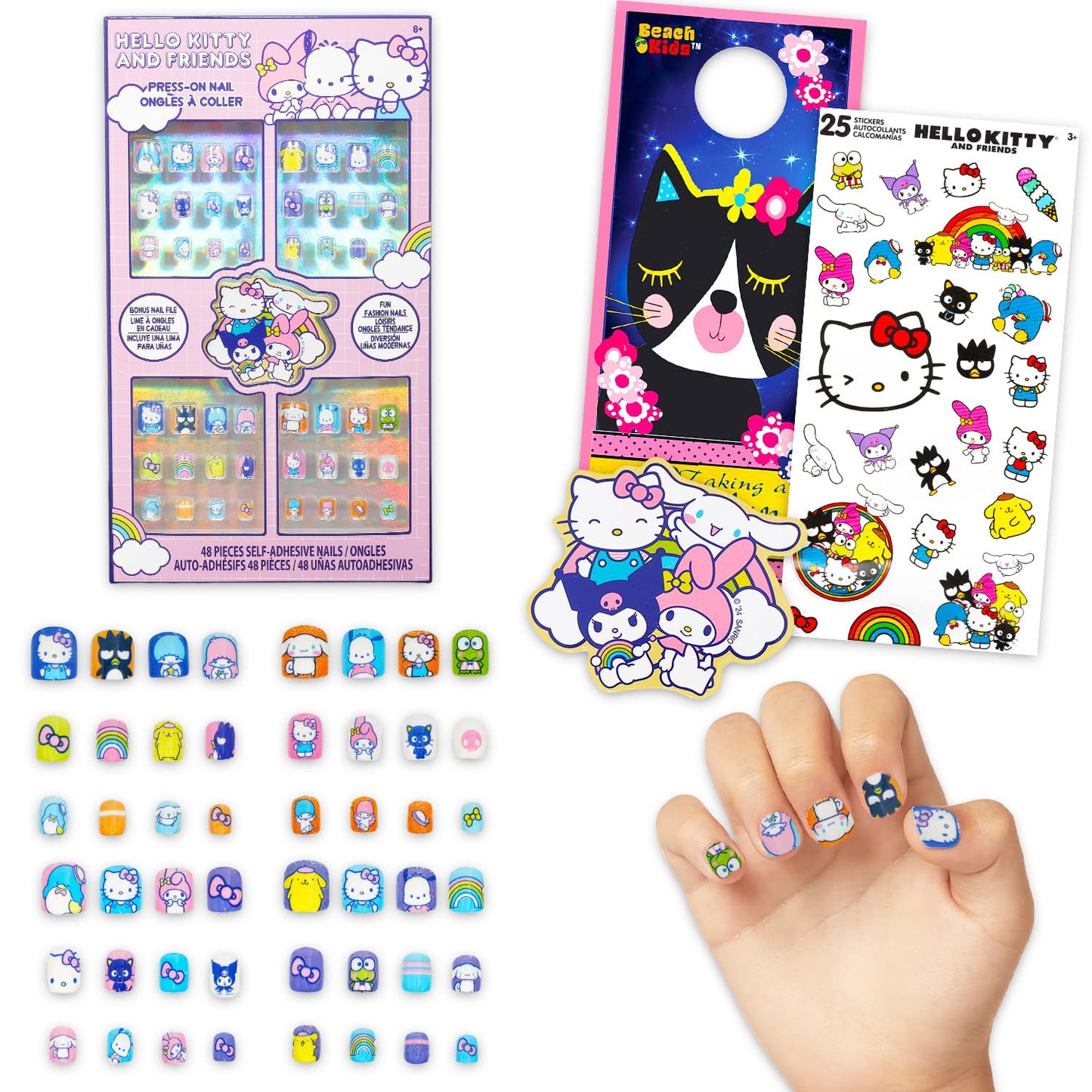 Hello Kitty and Friends Press-On Nails for Kids - Bundle with 48 Stick-On Nails Featuring My Melody, Kuromi, Cinnamoroll, More Plus Stickers, More | Hello Kitty Manicure Kit for Girls